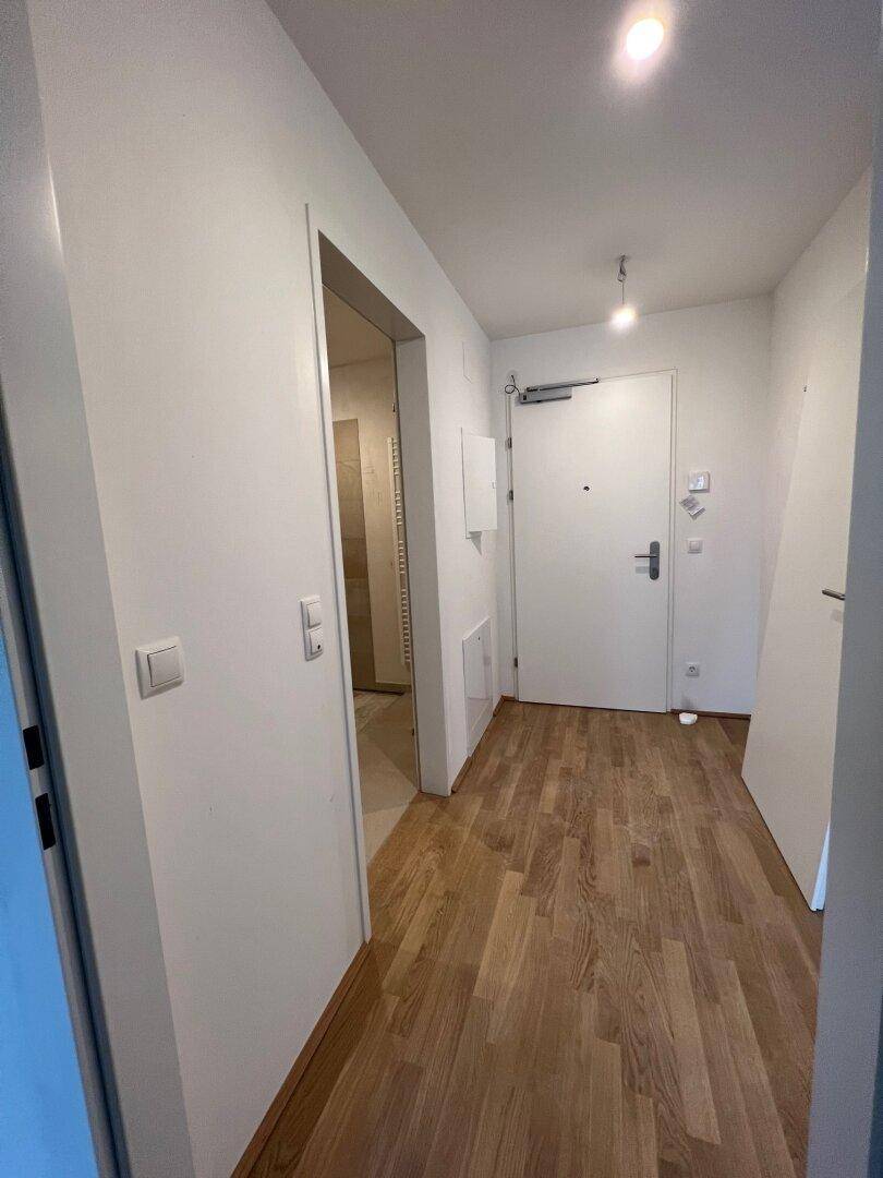 Eingangsbereich mit Holzboden, weißer Tür und Blick in ein angrenzendes Badezimmer.