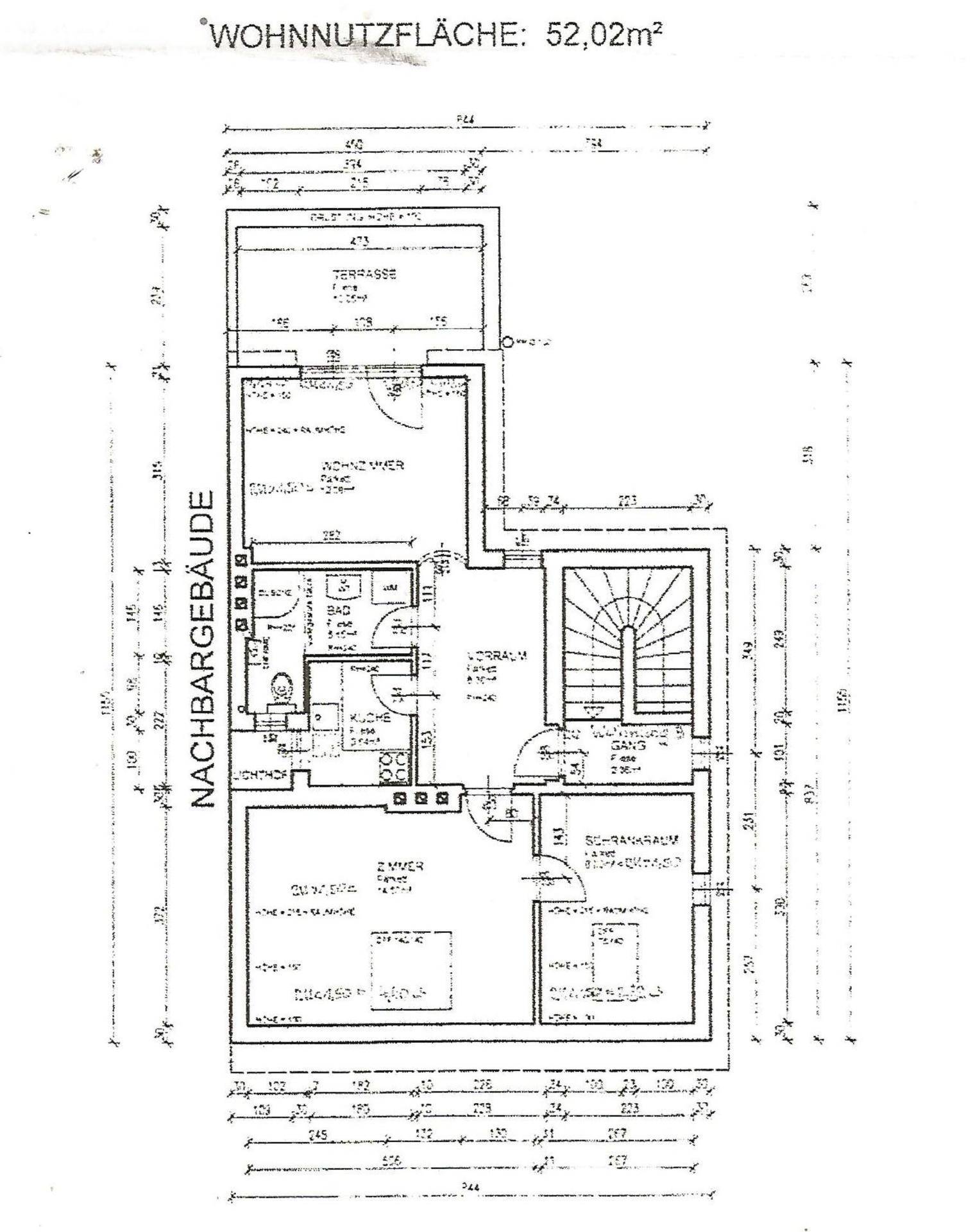 Grundrissplan mit Wohnnutzfläche von 52,02m² und Terrasse.