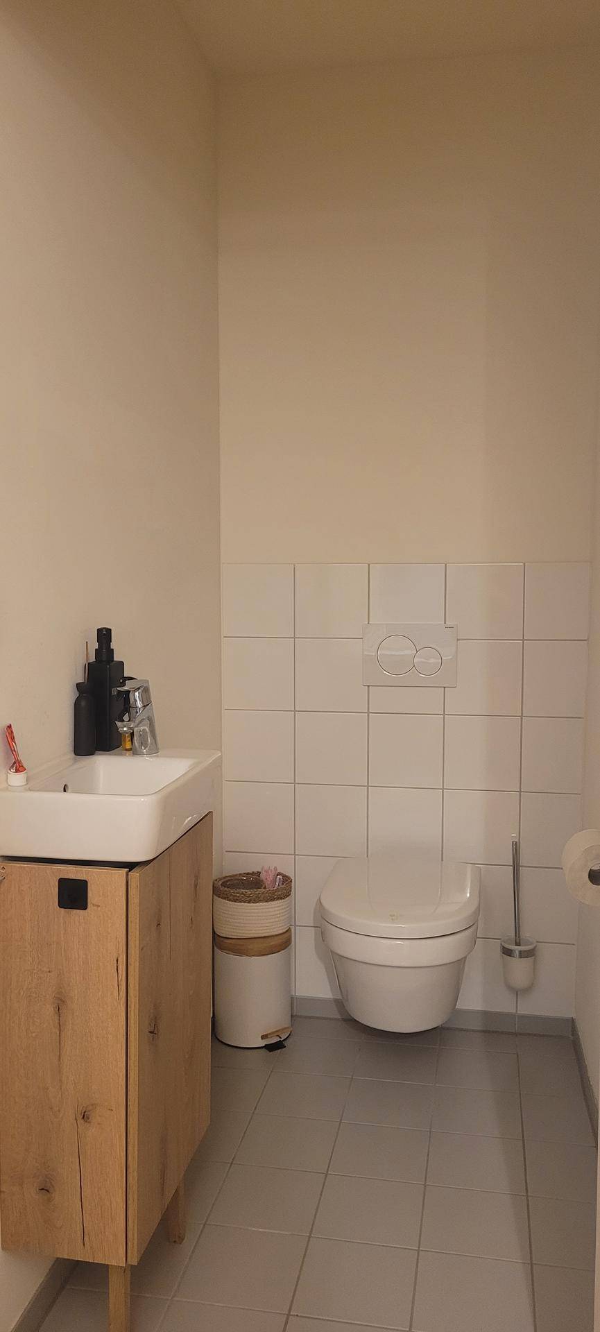 Modernes Gäste-WC mit Wand-WC, Einzelwaschbecken und Holzunterschrank.