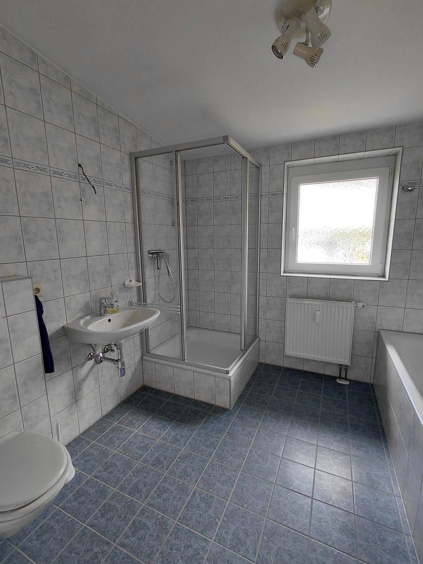 Badezimmer mit blauen und weißen Fliesen, Duschkabine, Waschbecken und Fenster.