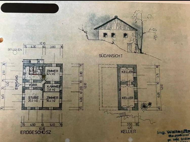 Historischer Grundriss des Erdgeschosses und Kellers mit Zimmeraufteilung und Maßen.