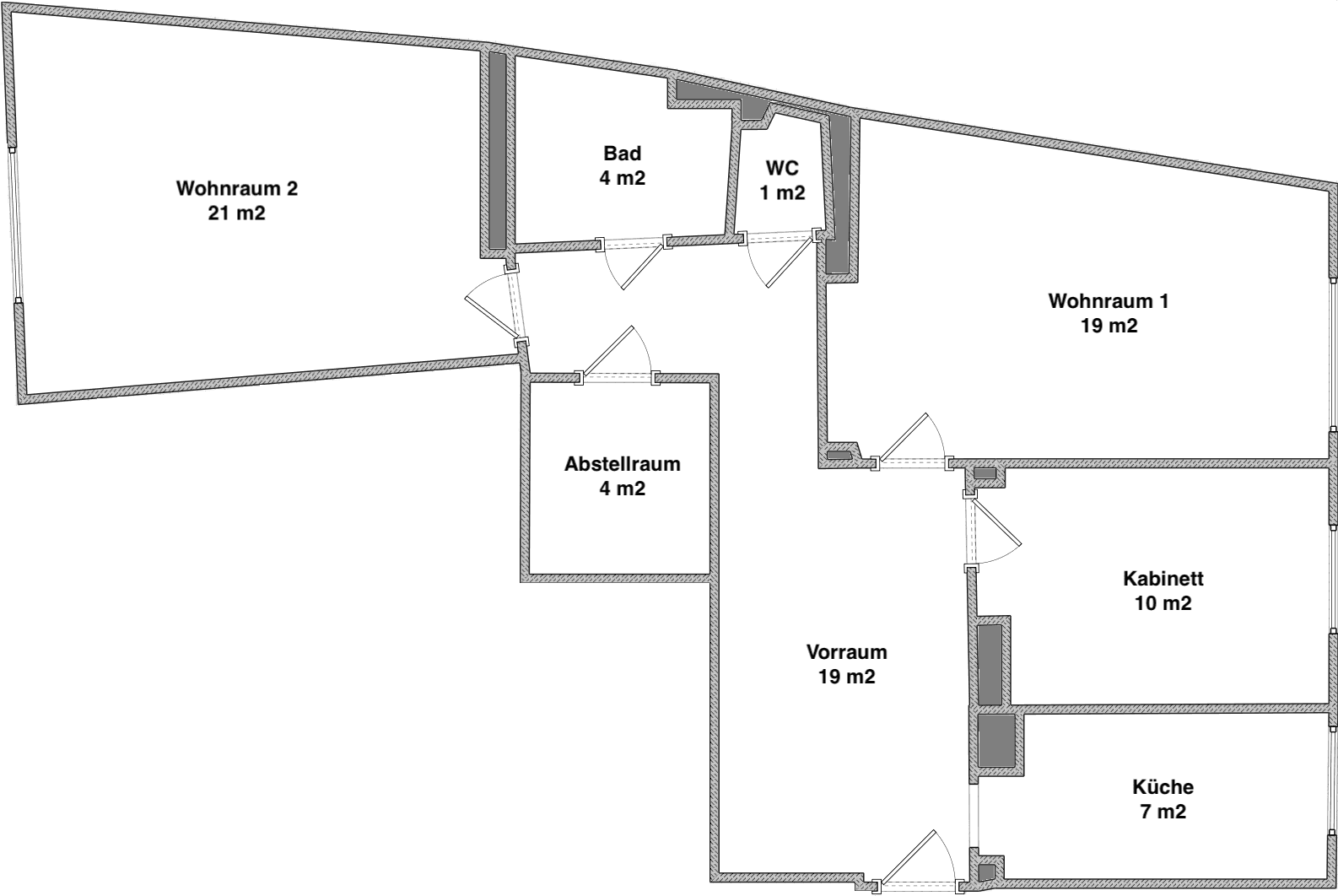Grundriss einer Wohnung mit zwei Wohnräumen, Bad, WC, Abstellraum und Küche.