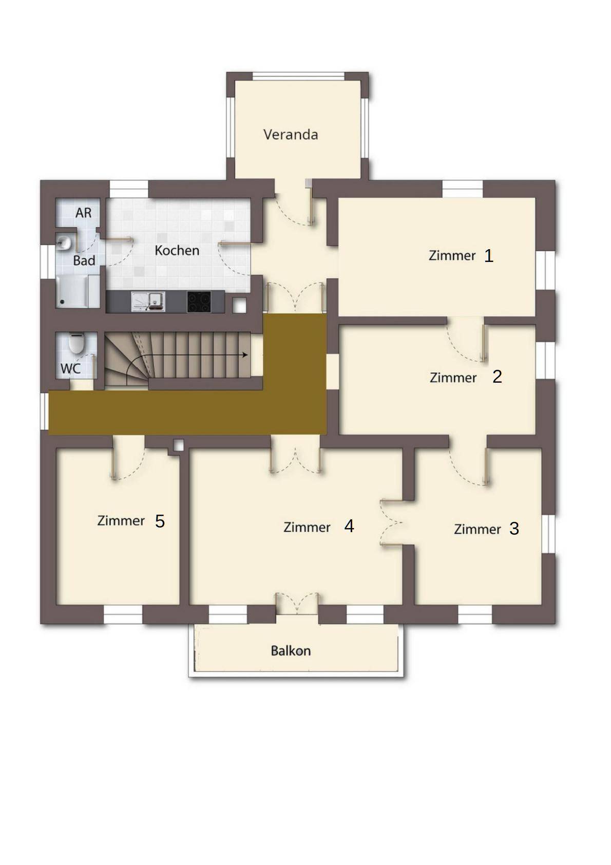 Grundriss des Obergeschosses mit fünf Zimmern, Bad, WC, Küche, Veranda und Balkon.