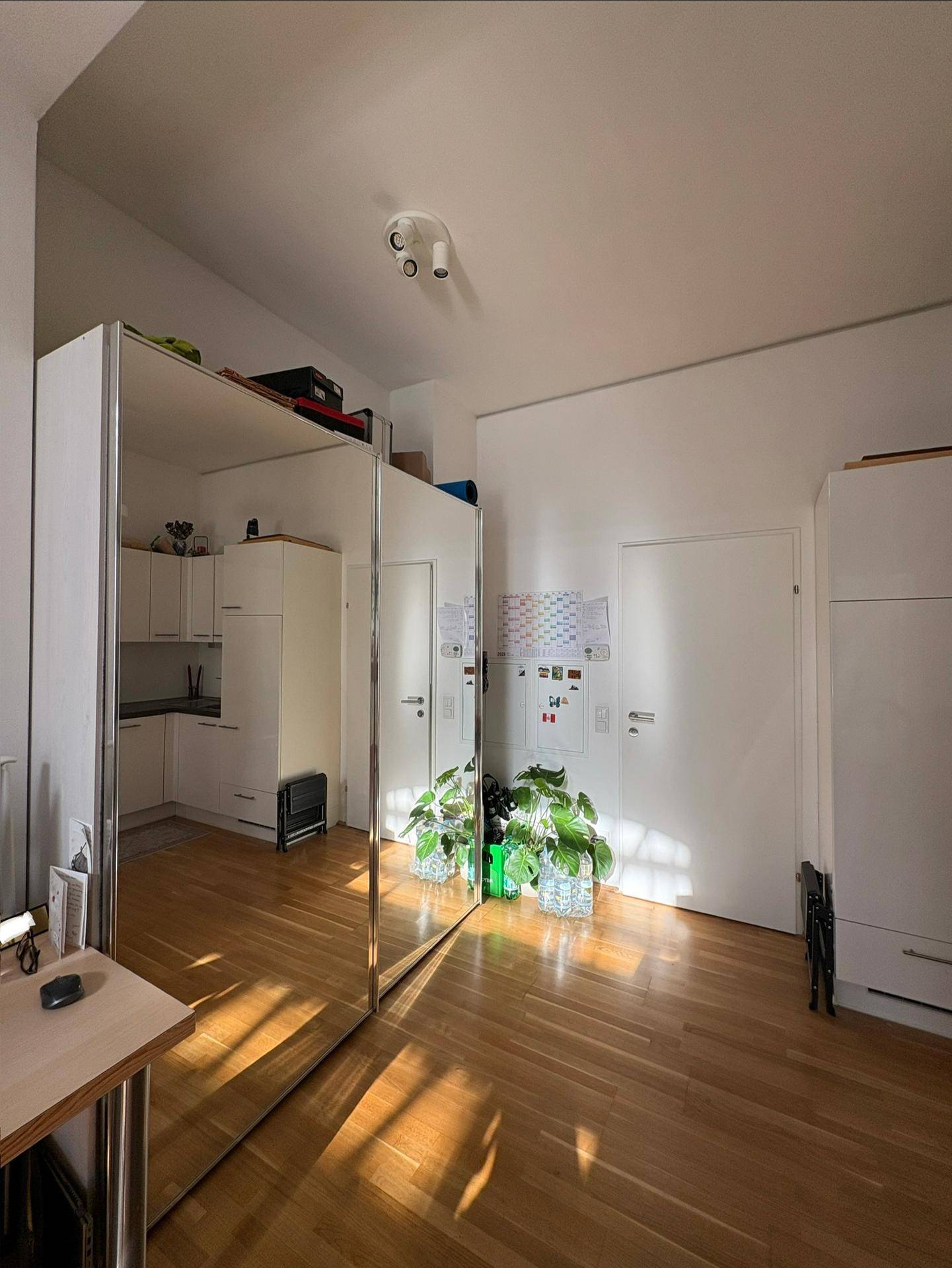 Raum mit großem Spiegelschrank, der den Küchenbereich und den Holzfußboden reflektiert.