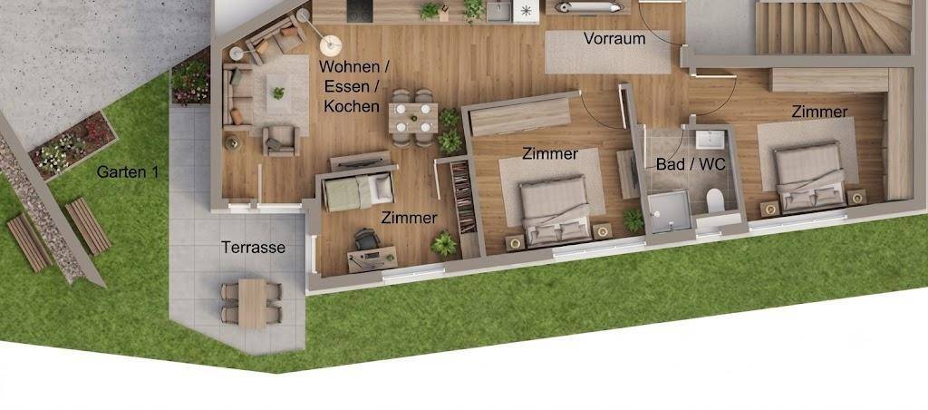 Detaillierter Grundriss mit offenem Wohn-/Ess-/Kochbereich, mehreren Zimmern, Terrasse und Garten.