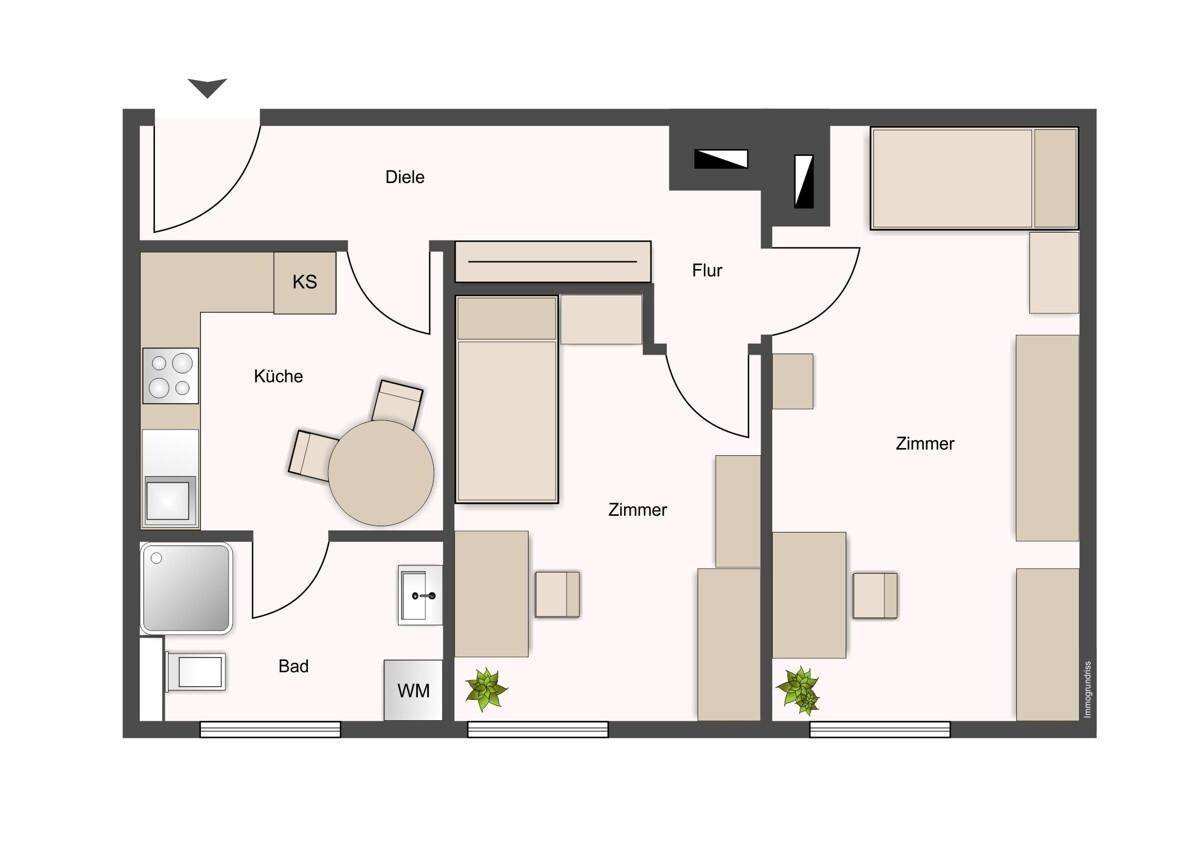 Grundriss einer Wohnung mit Küche, Bad und mehreren Zimmern, inklusive Diele und Flur.