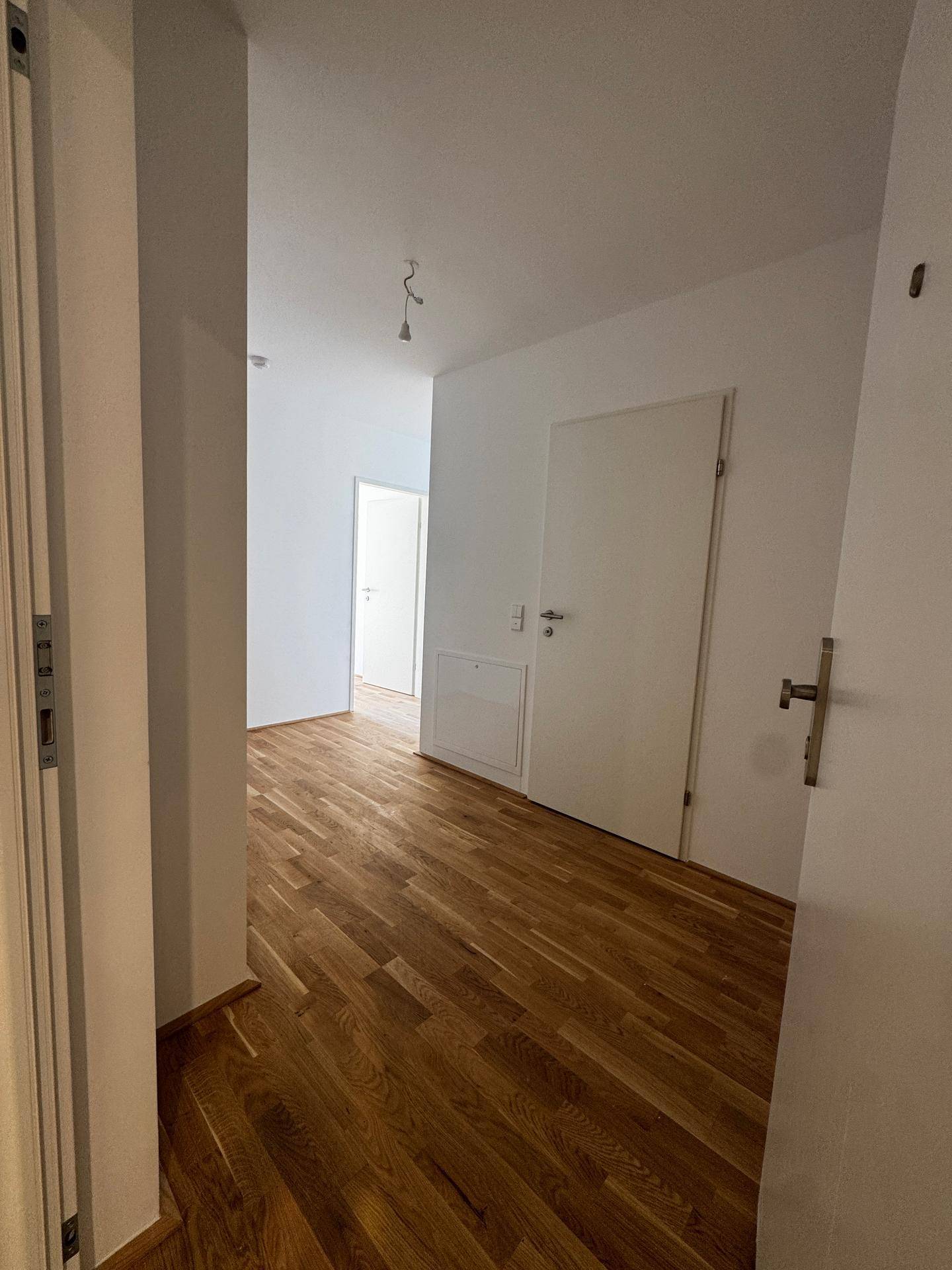 Heller Flur mit Holzboden und weißen Türen, der zu weiteren Räumen führt.