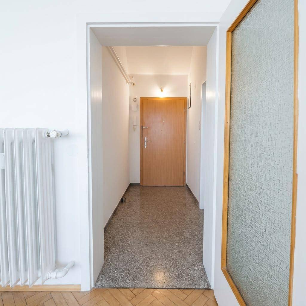 Heller Flur mit Eingangstür, Heizkörper und robustem Fliesenboden.