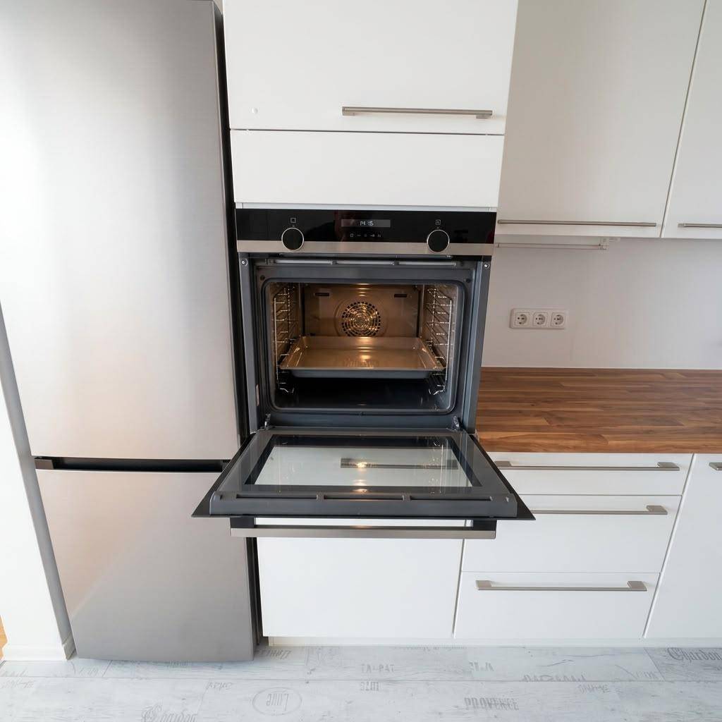 Moderner Einbauofen und Kühlschrank in einer Küche mit weißen Schränken und Holz-Arbeitsplatte.