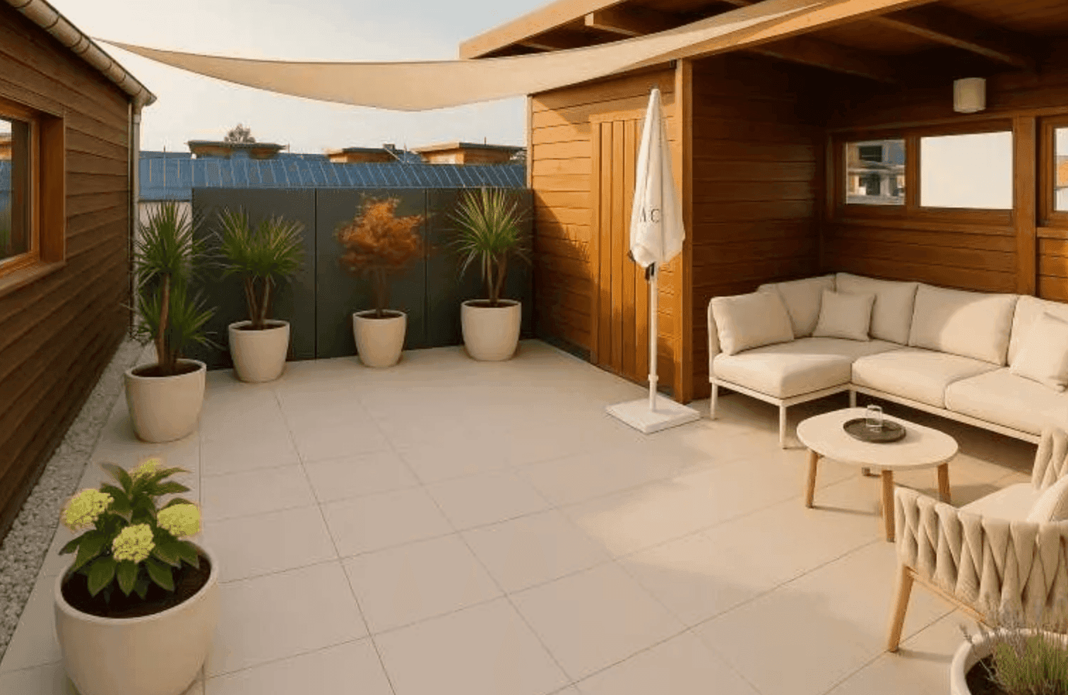 Geräumige Dachterrasse mit Fliesenboden, Holzverkleidung, Outdoor-Möbeln und Sonnensegel.
