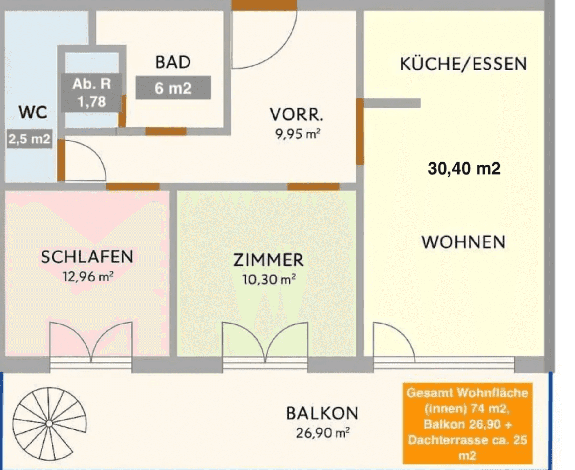 Detaillierter Grundriss mit Schlafzimmer, Bad, Küche/Essen und großem Balkon mit Wendeltreppe.