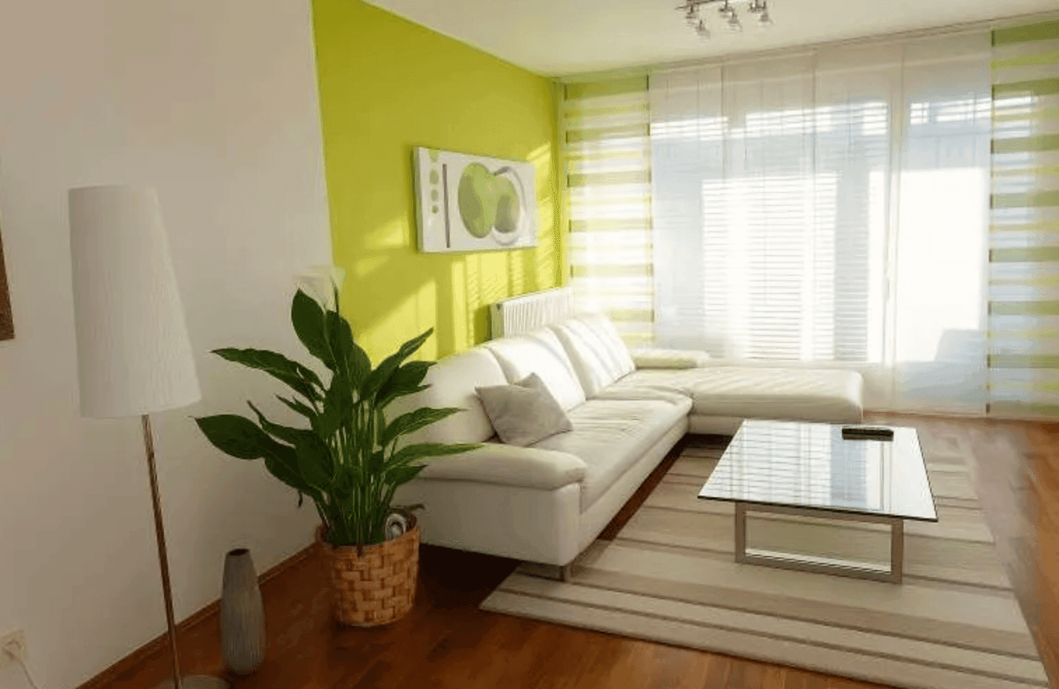 Helles Wohnzimmer mit weißem Sofa, Holzboden und einer auffälligen lindgrünen Akzentwand.