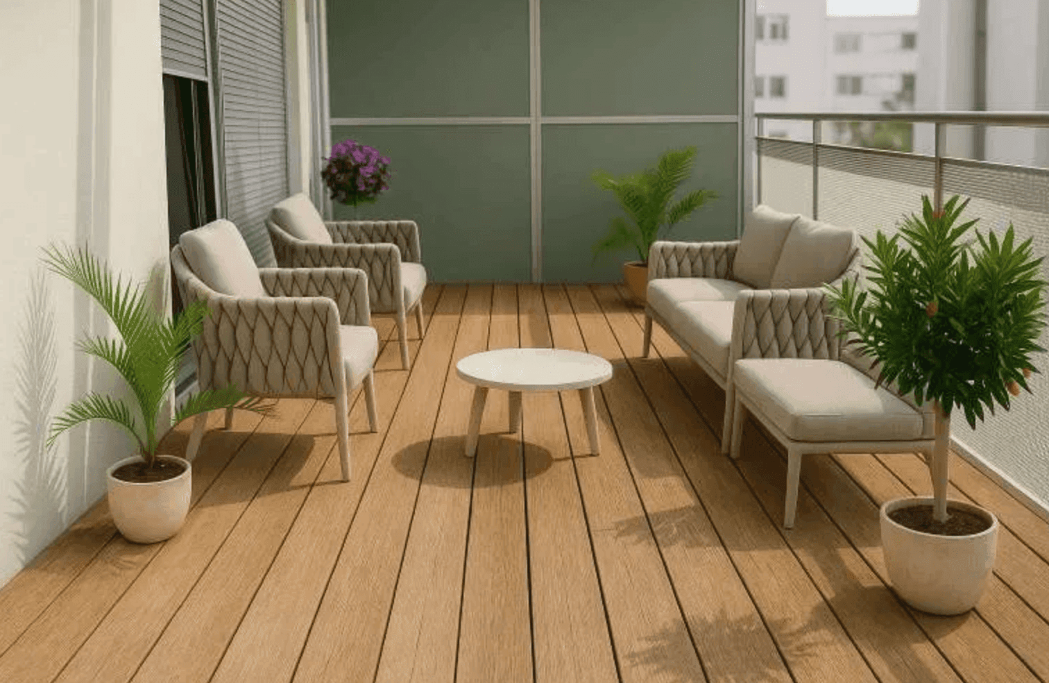 Moderner Balkon mit Holzfußboden, bequemen Outdoor-Möbeln und grünen Pflanzen.