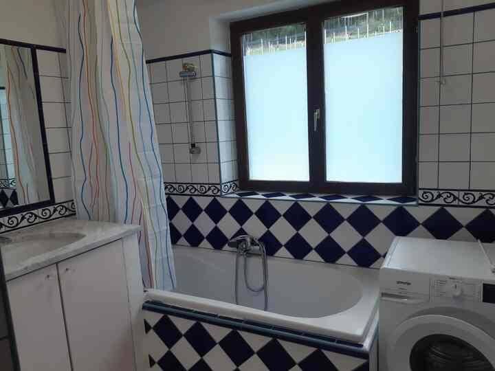 Badezimmer mit Badewanne, Waschmaschine und auffälligen blau-weißen Fliesen.