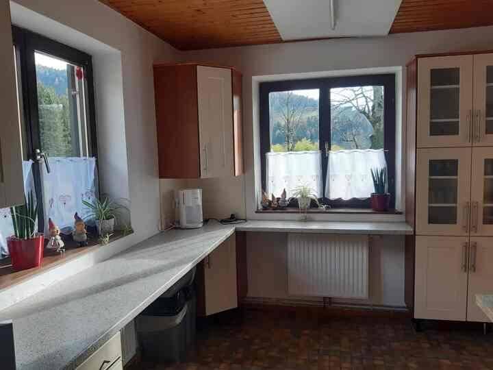 Helle Küche mit Holzdecke, Einbauschränken und Blick auf die grüne Landschaft.