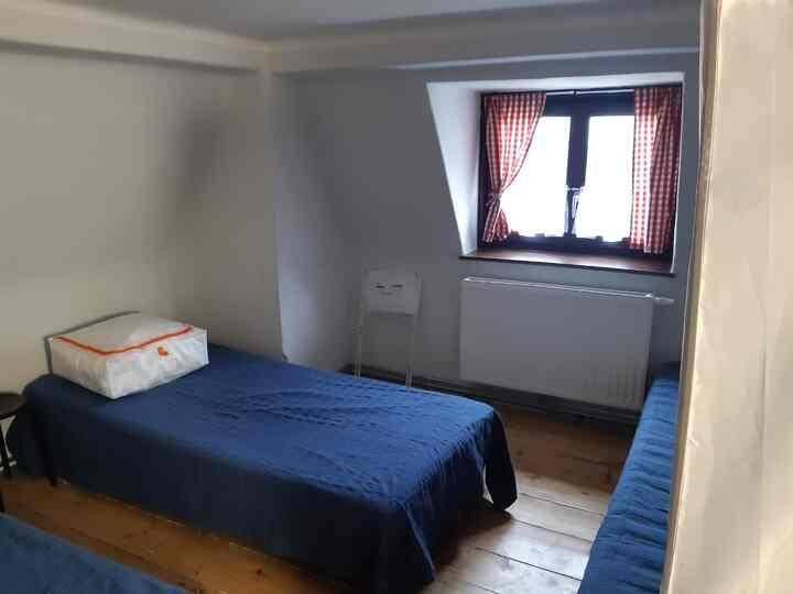 Gemütliches Schlafzimmer mit zwei Einzelbetten, Holzfußboden und Dachschrägenfenster.