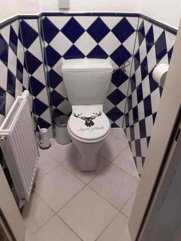 Separate Toilette mit blau-weiß karierten Fliesen und Hirschmotiv auf dem Toilettendeckel.