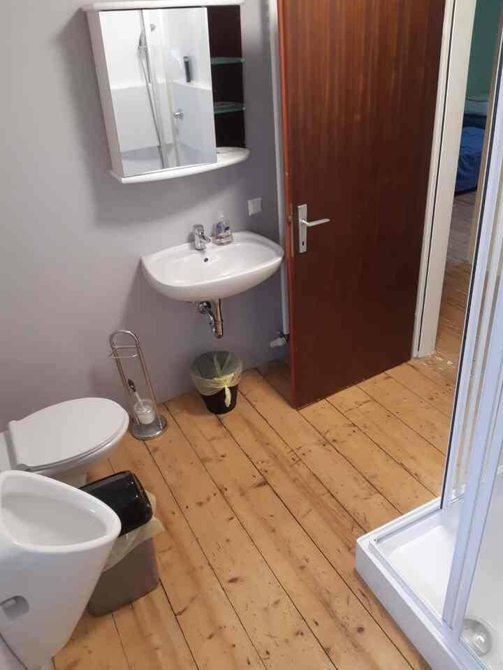 Kleines Badezimmer mit Waschbecken, Toilette, Bidet und Duschkabine auf Holzfußboden.