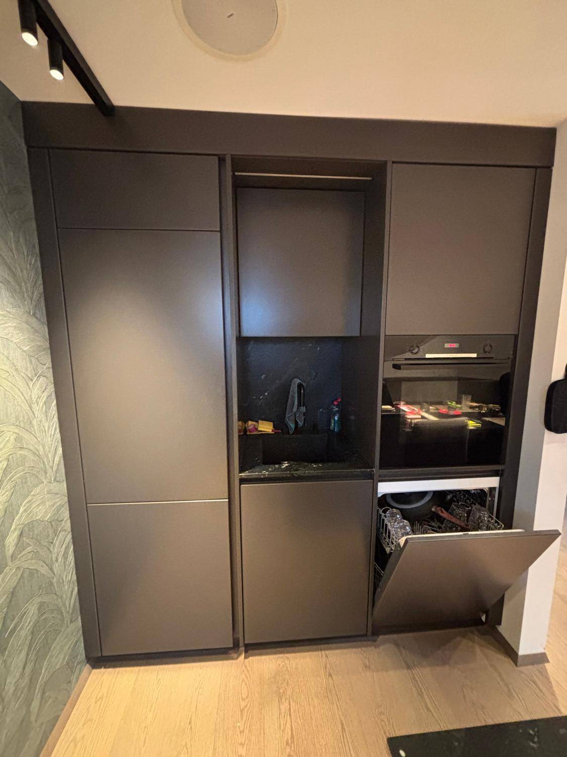 Moderne Einbauküche mit dunklen Schränken, integrierten Geräten und Geschirrspüler.