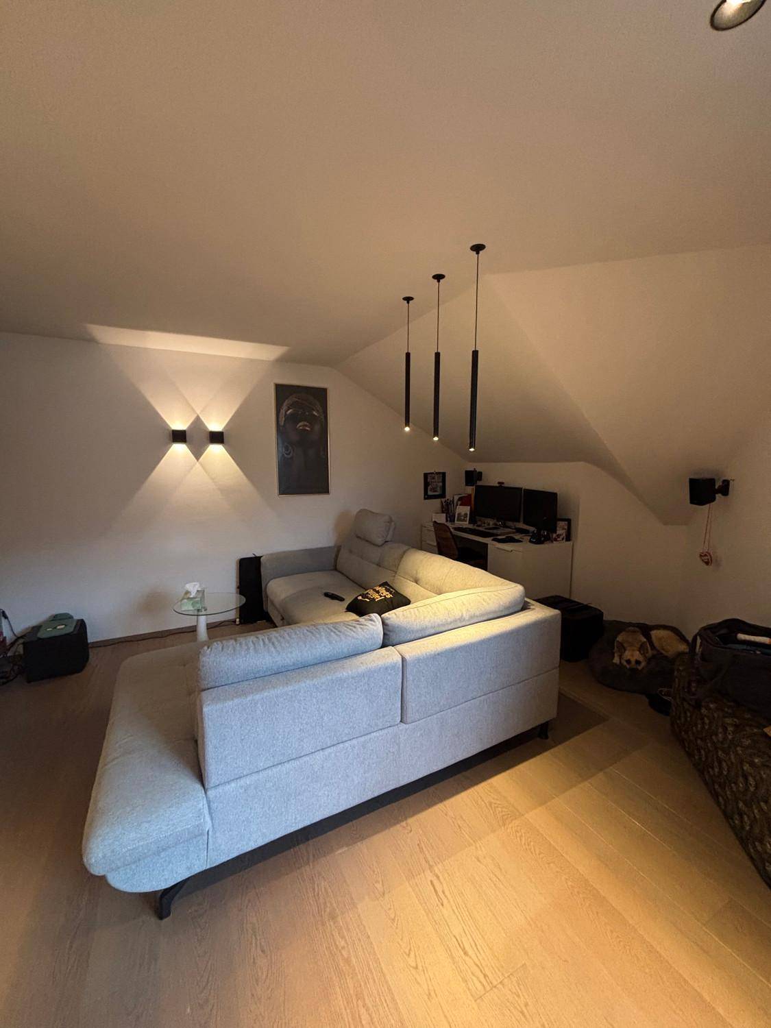 Gemütliches Wohnzimmer mit modernem Sofa, Holzboden und Dachschrägen, ideal zum Entspannen.