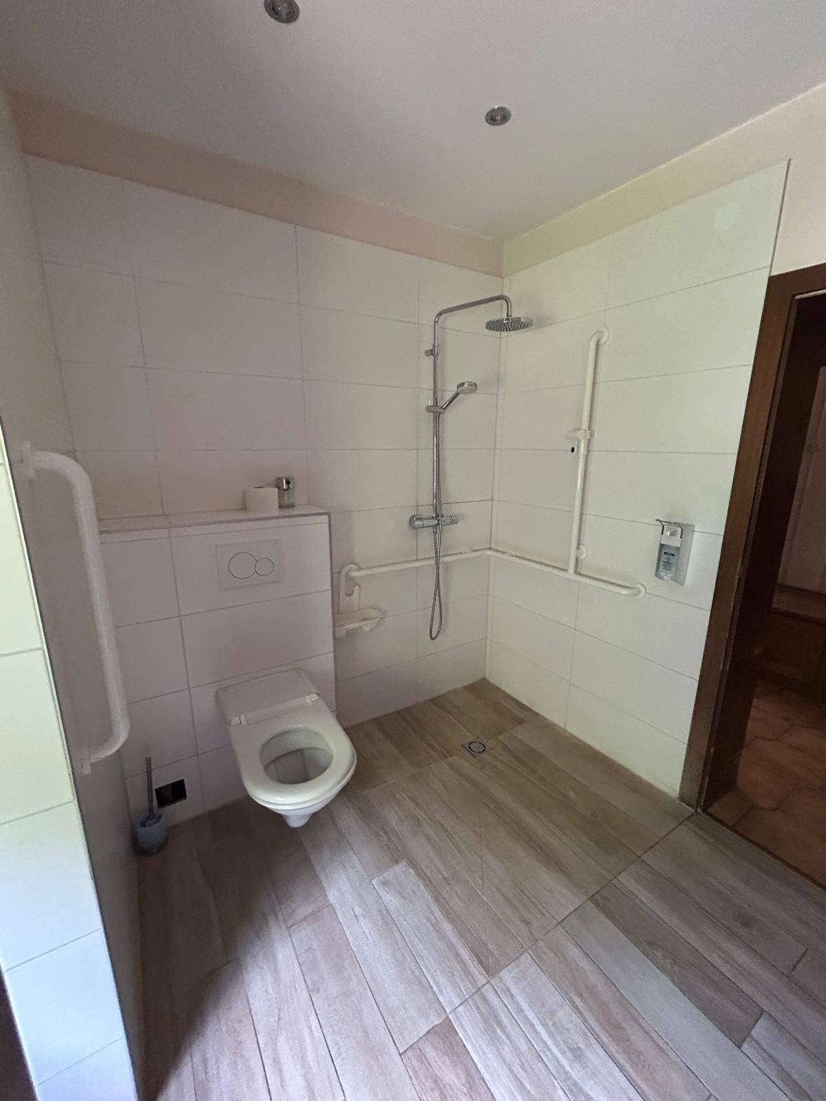 Badezimmer mit ebenerdiger Dusche, Toilette und Haltegriffen, in neutralen Farbtönen.