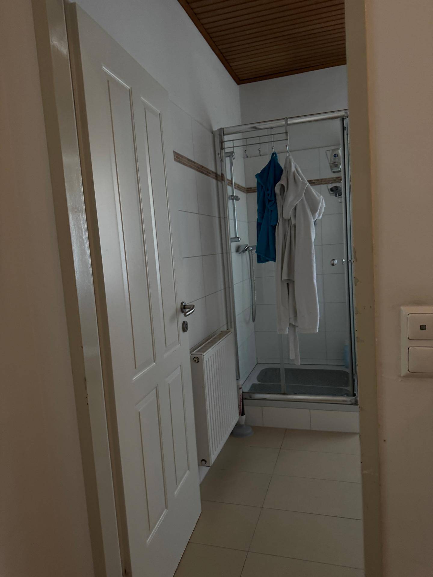 Badezimmer mit Duschkabine und Heizkörper, praktischer Raum mit Fliesenboden und Holzdecke.