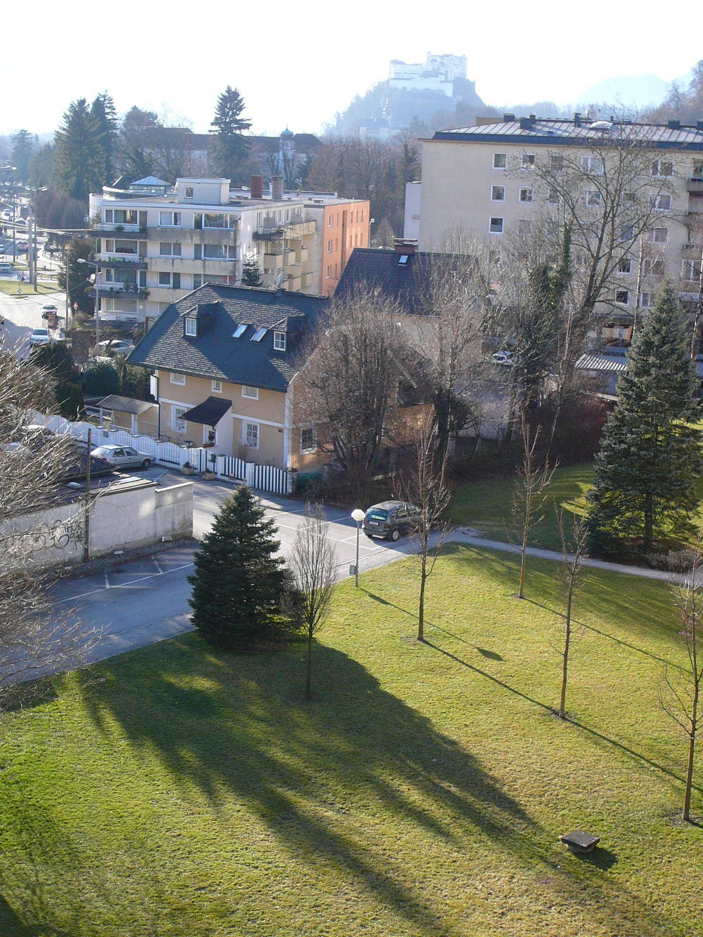 Panoramablick über eine Wohngegend mit Grünflächen, Gebäuden und einer Burg im Hintergrund.