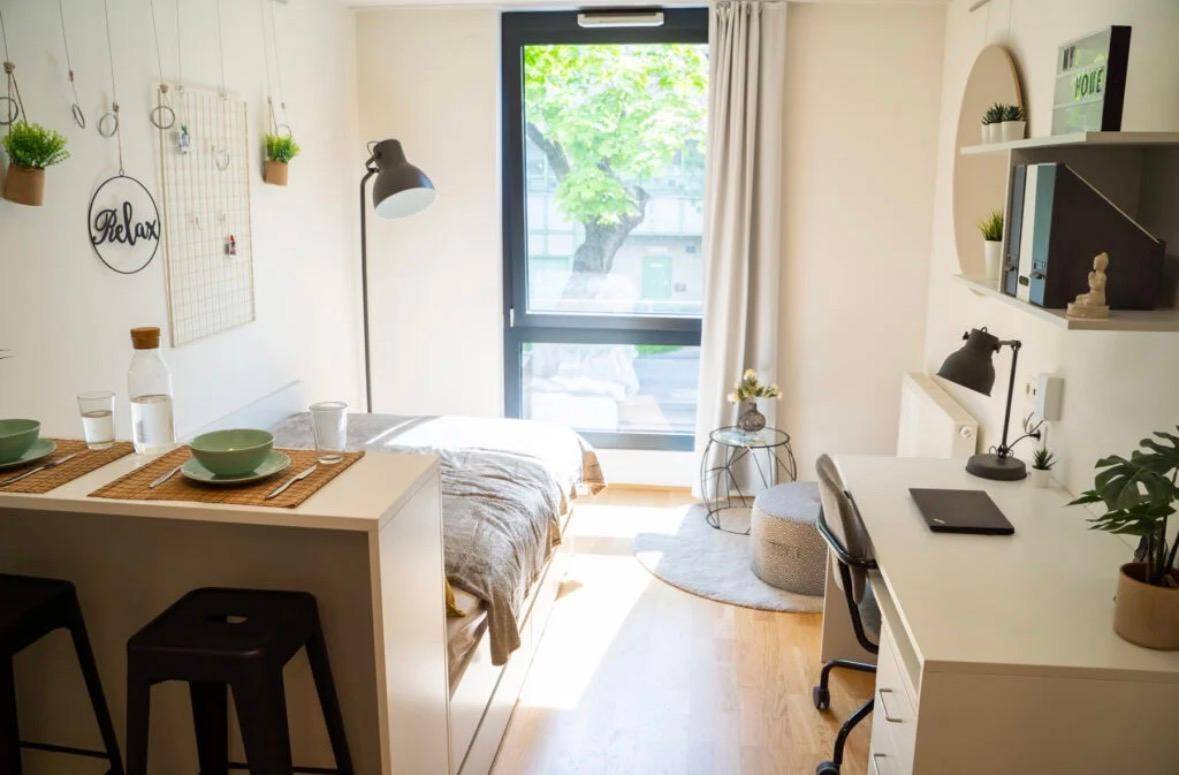 Helles Studio-Apartment mit großem Fenster, Bett und Schreibtischbereich, Blick ins Grüne.