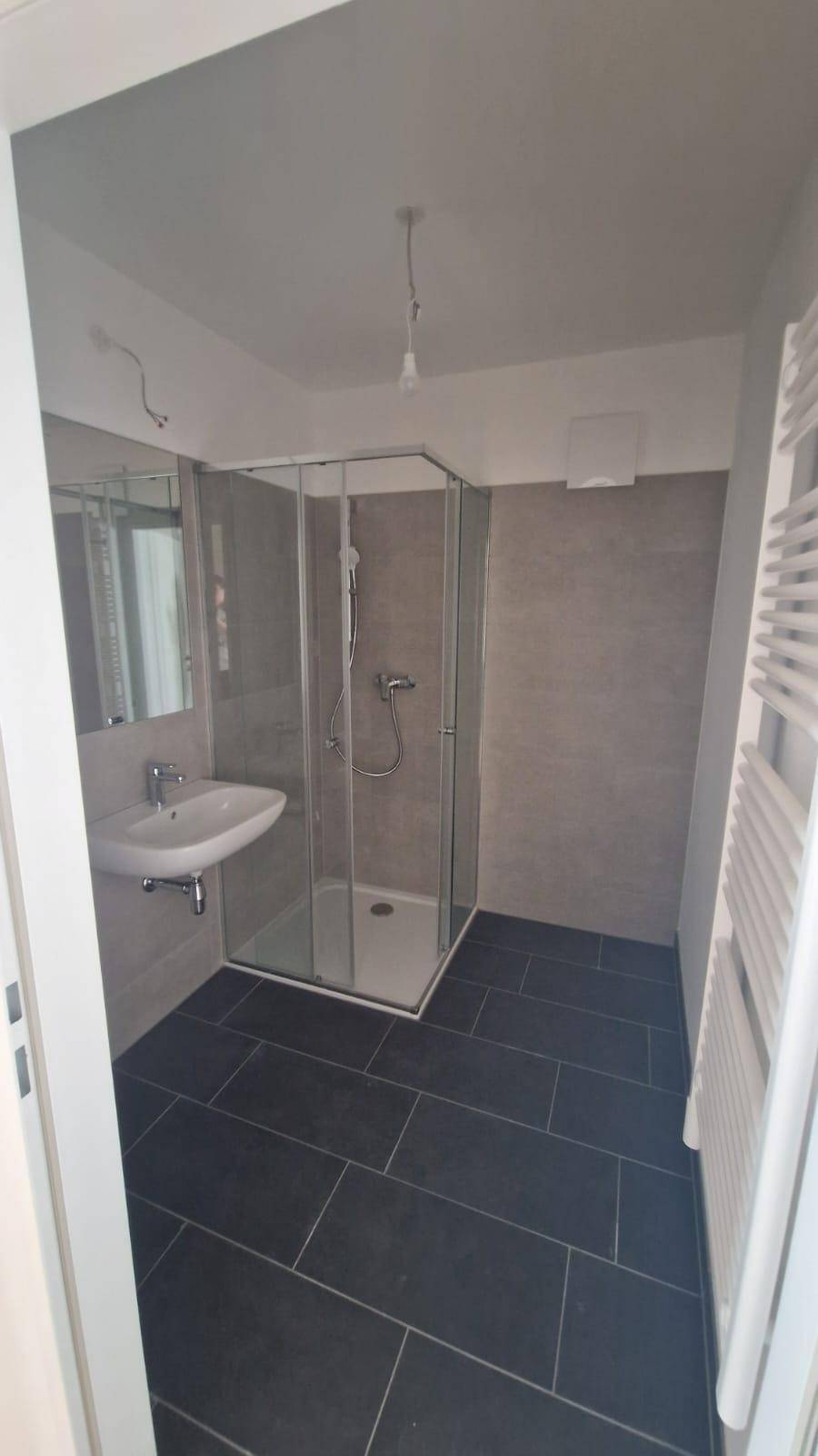 Modernes Badezimmer mit dunklen Fliesen, Duschkabine und beheiztem Handtuchhalter.