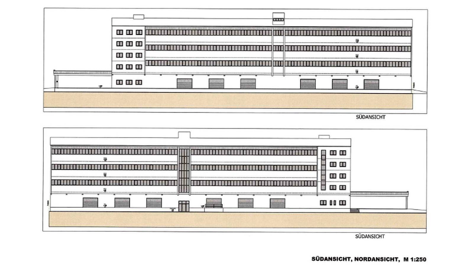 Architektonische Zeichnung der Süd- und Nordansicht des Gebäudes mit vielen Fenstern und Laderampen.