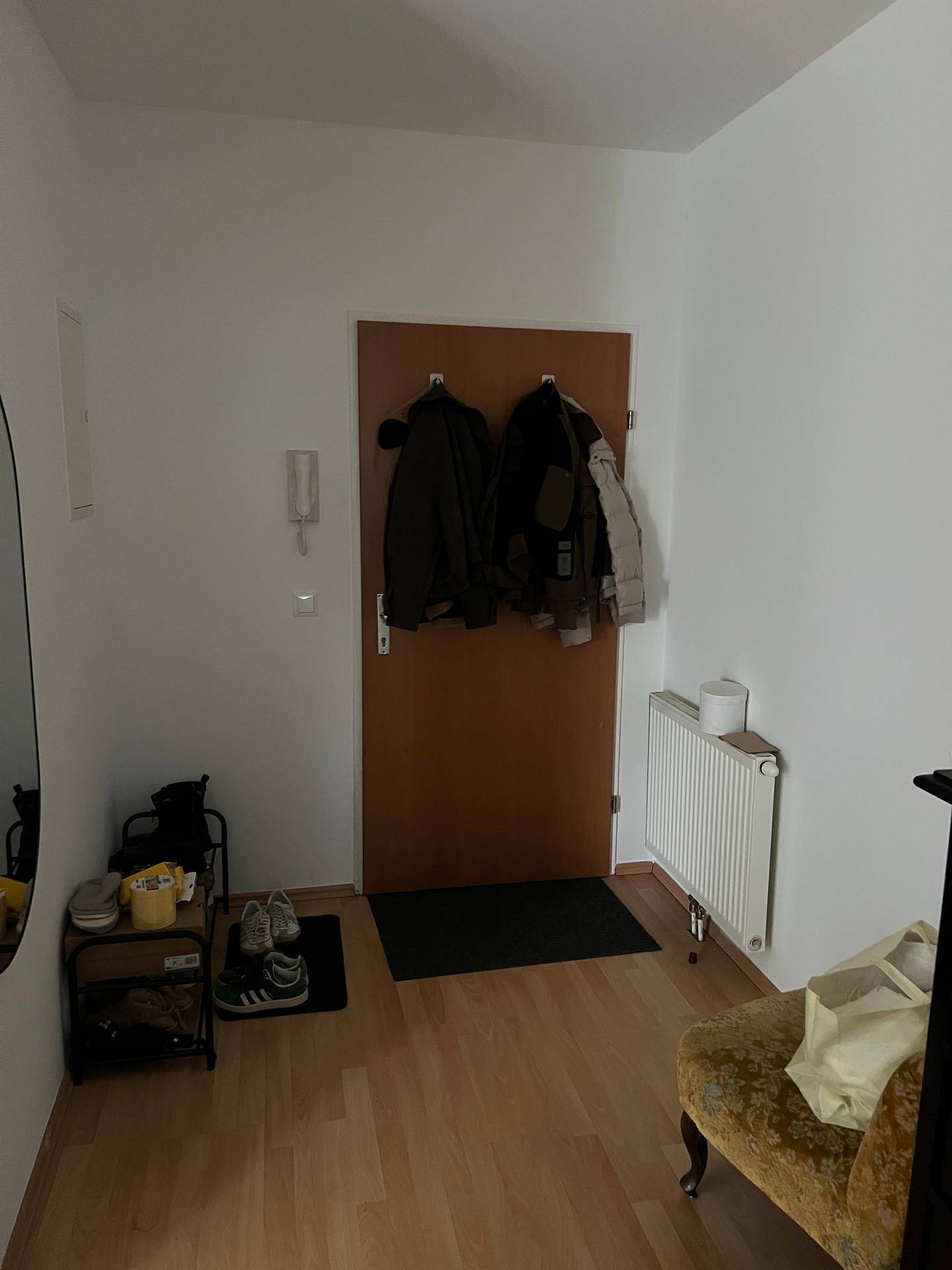 Eingangsbereich mit Garderobe, Spiegel und Heizkörper, ausgestattet mit hellem Laminatboden.