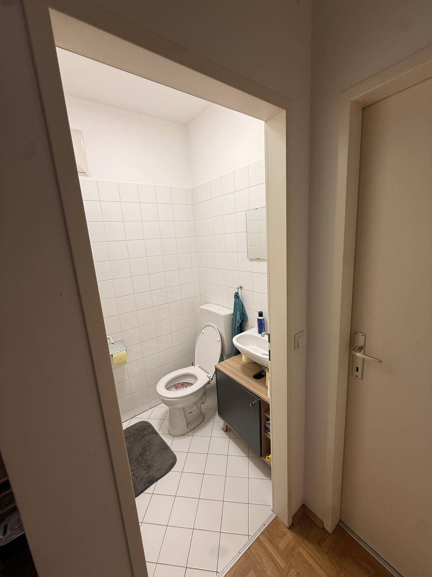 Kleines Gäste-WC mit weißen Fliesen, Toilette und modernem Waschbeckenunterschrank.
