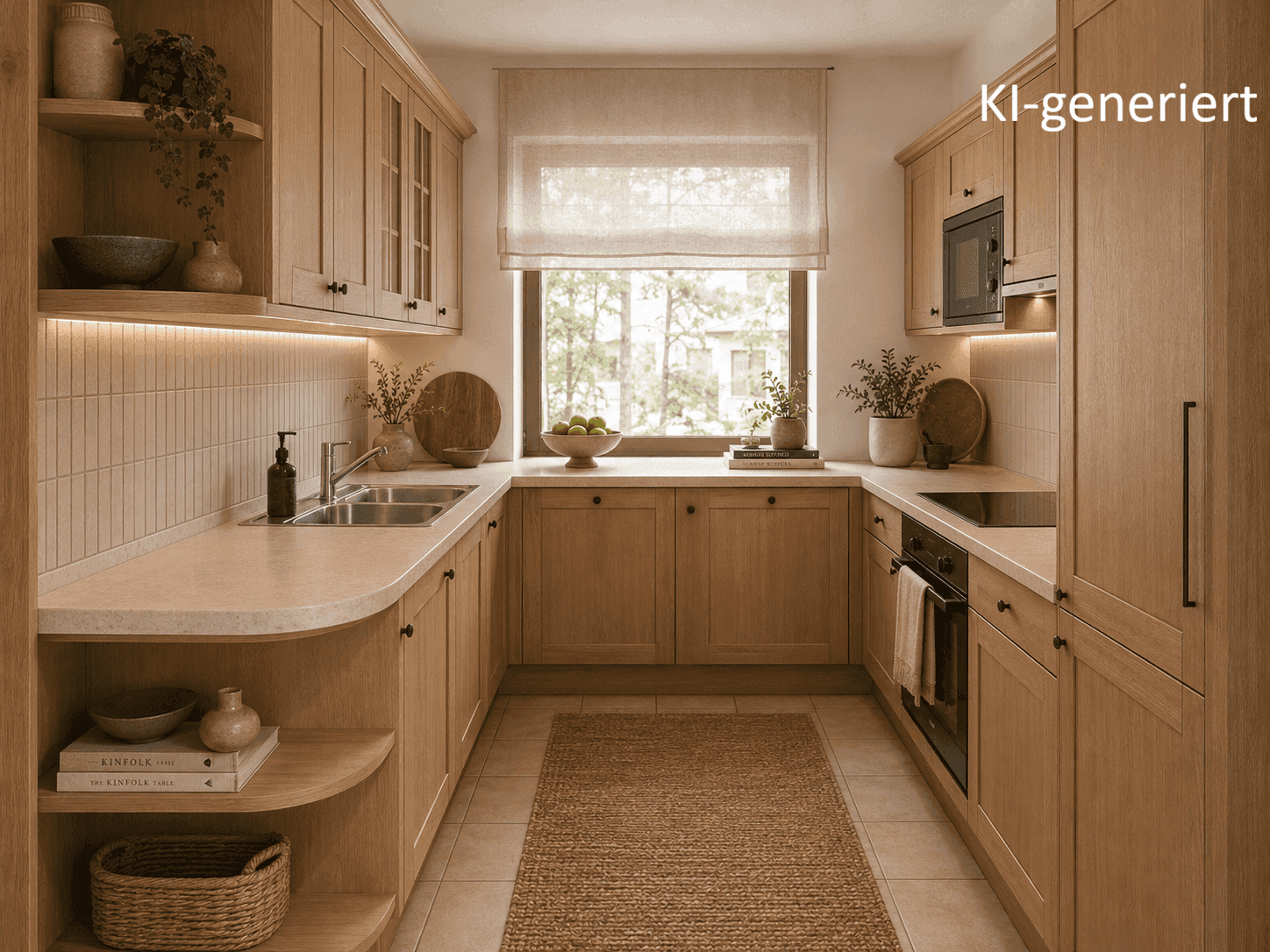 Helle, moderne Küche mit U-förmiger Arbeitsplatte, Holzschränken und Fenster über der Spüle.