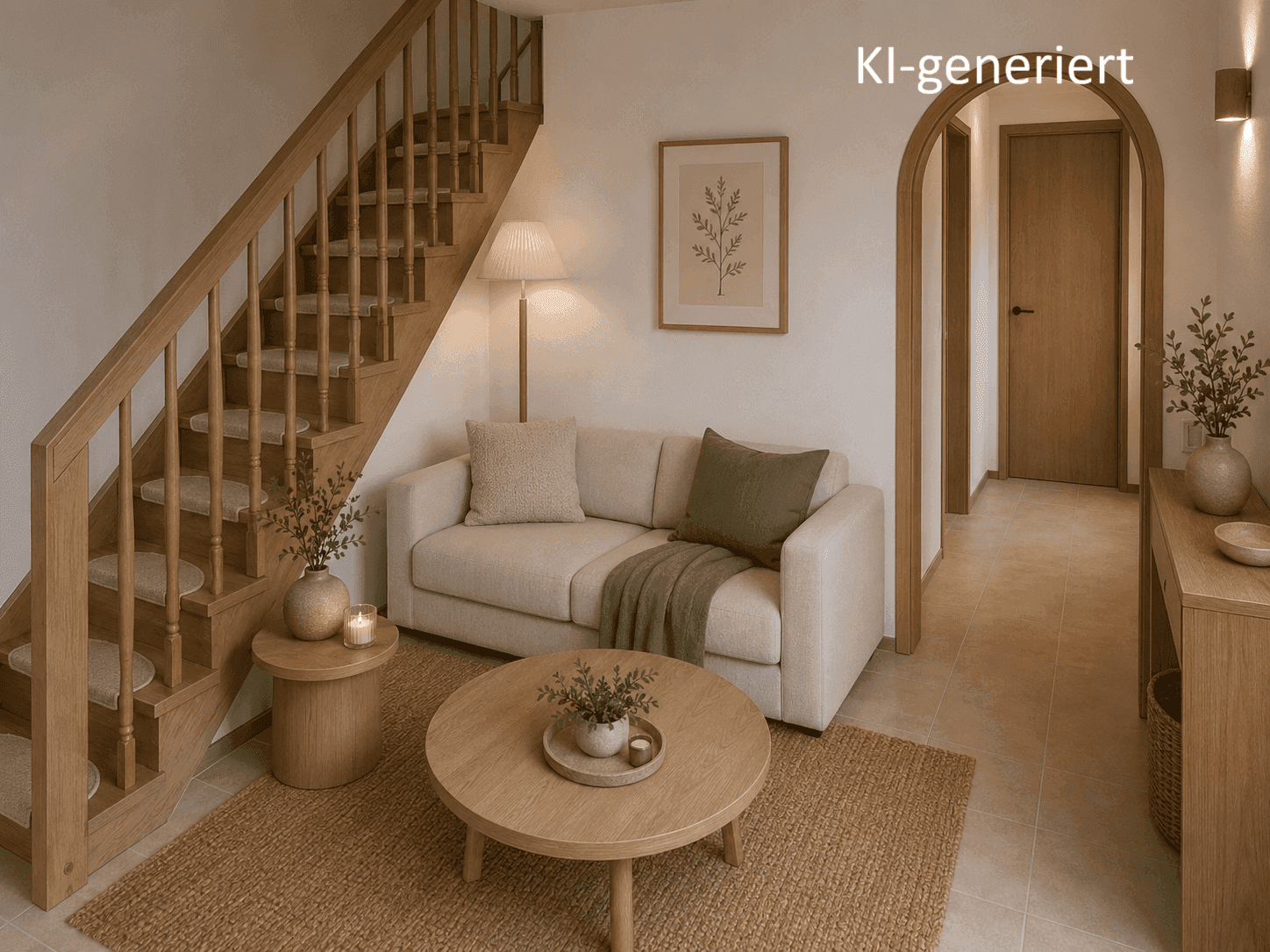 Heller Wohnbereich mit bequemer Couch, Holztreppe und minimalistischer Dekoration.