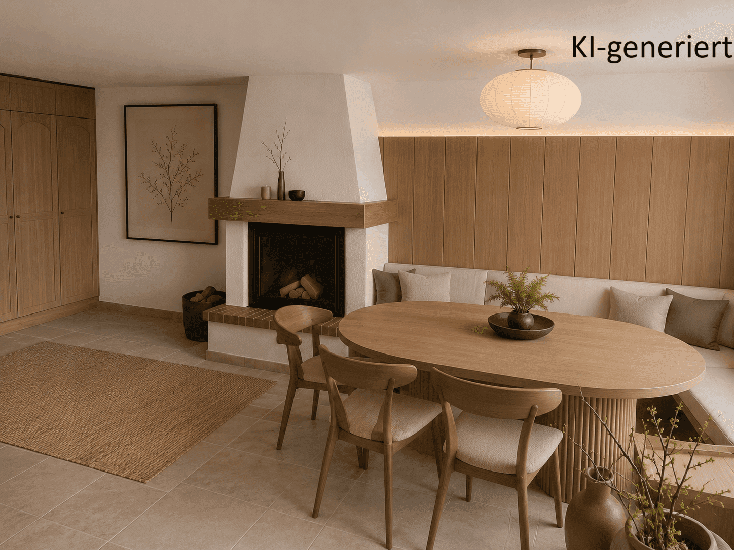 Gemütlicher Essbereich mit Kamin, Holzwandverkleidung und integrierter Sitzbank für gesellige Abende.