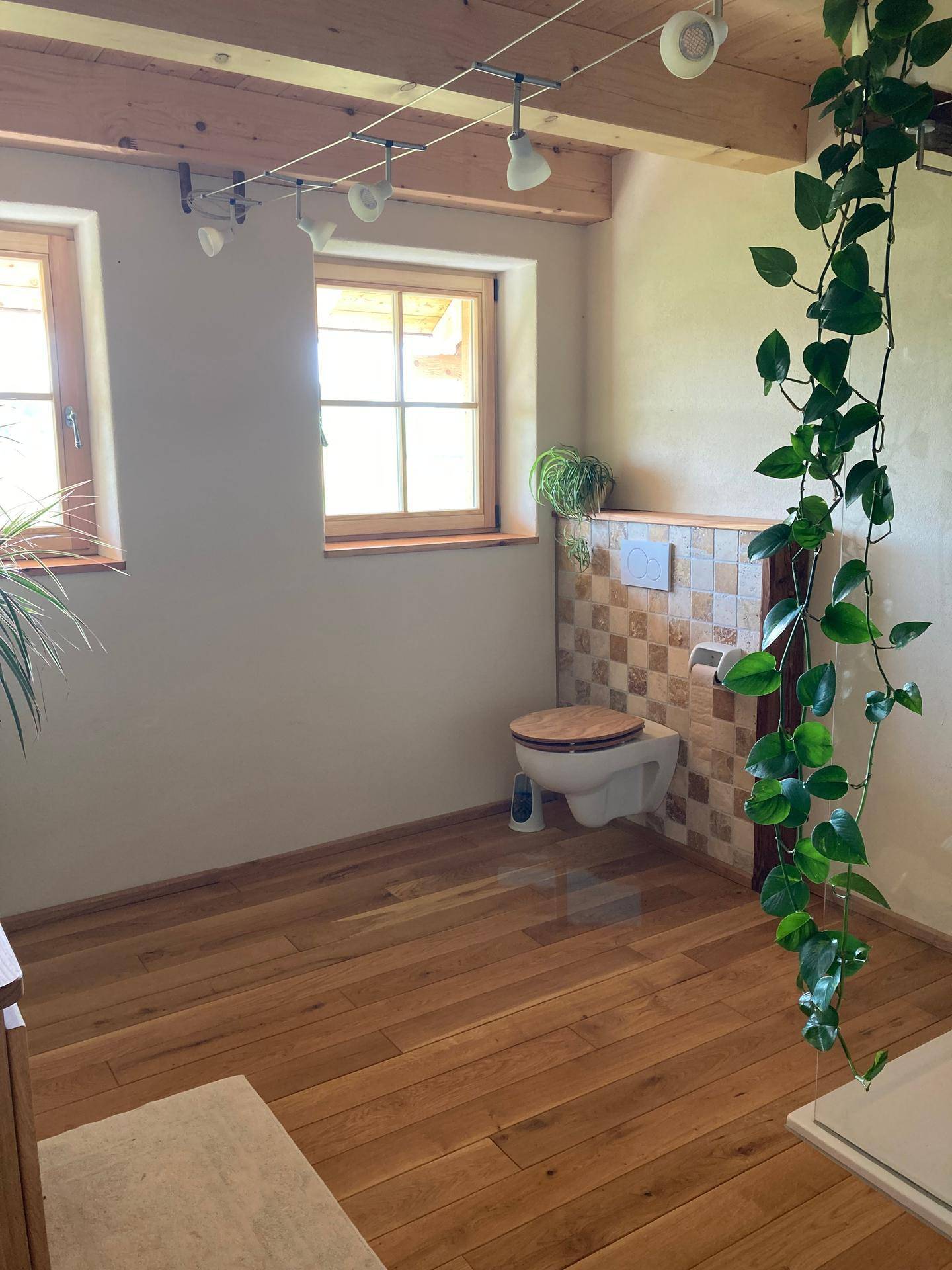 Helles WC mit Holzfußboden, kleinen Fenstern und dekorativen Fliesen an der Wand.