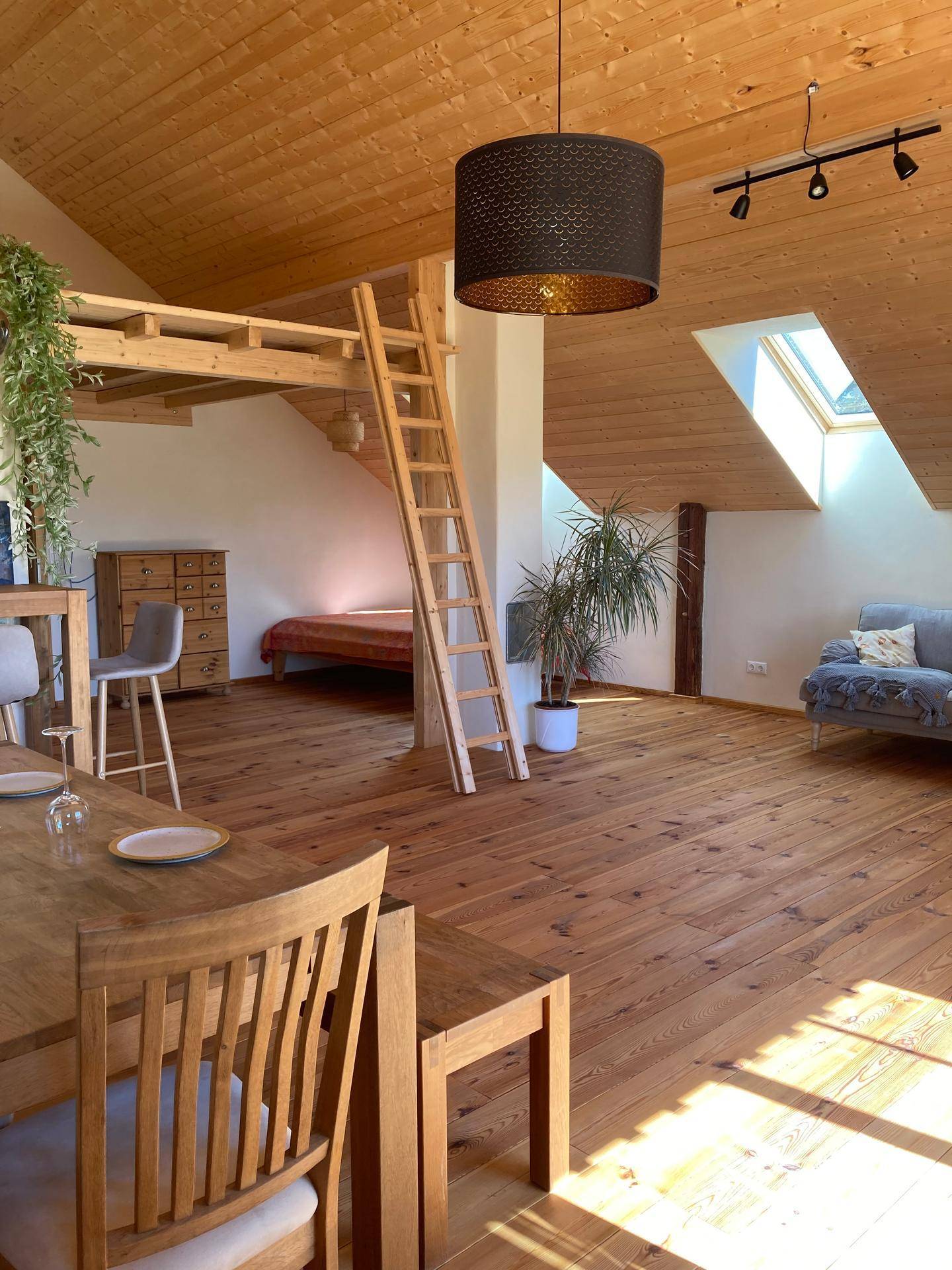 Offener Wohn-Essbereich mit Holzboden, Hochbett und viel Tageslicht durch Fenster.