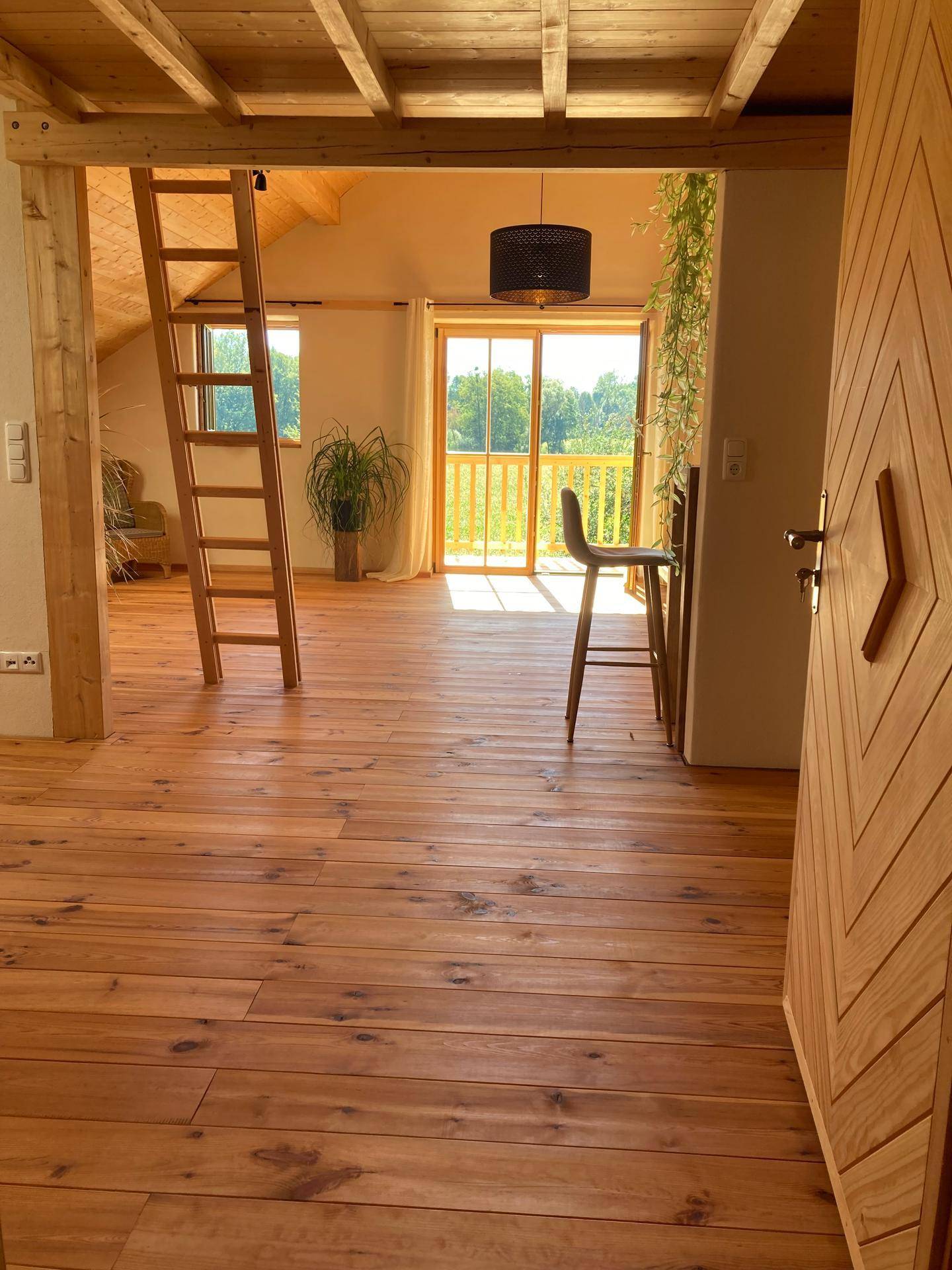 Heller Wohnbereich mit Holzboden, Leiter zum Hochbett und Zugang zu einem Balkon.