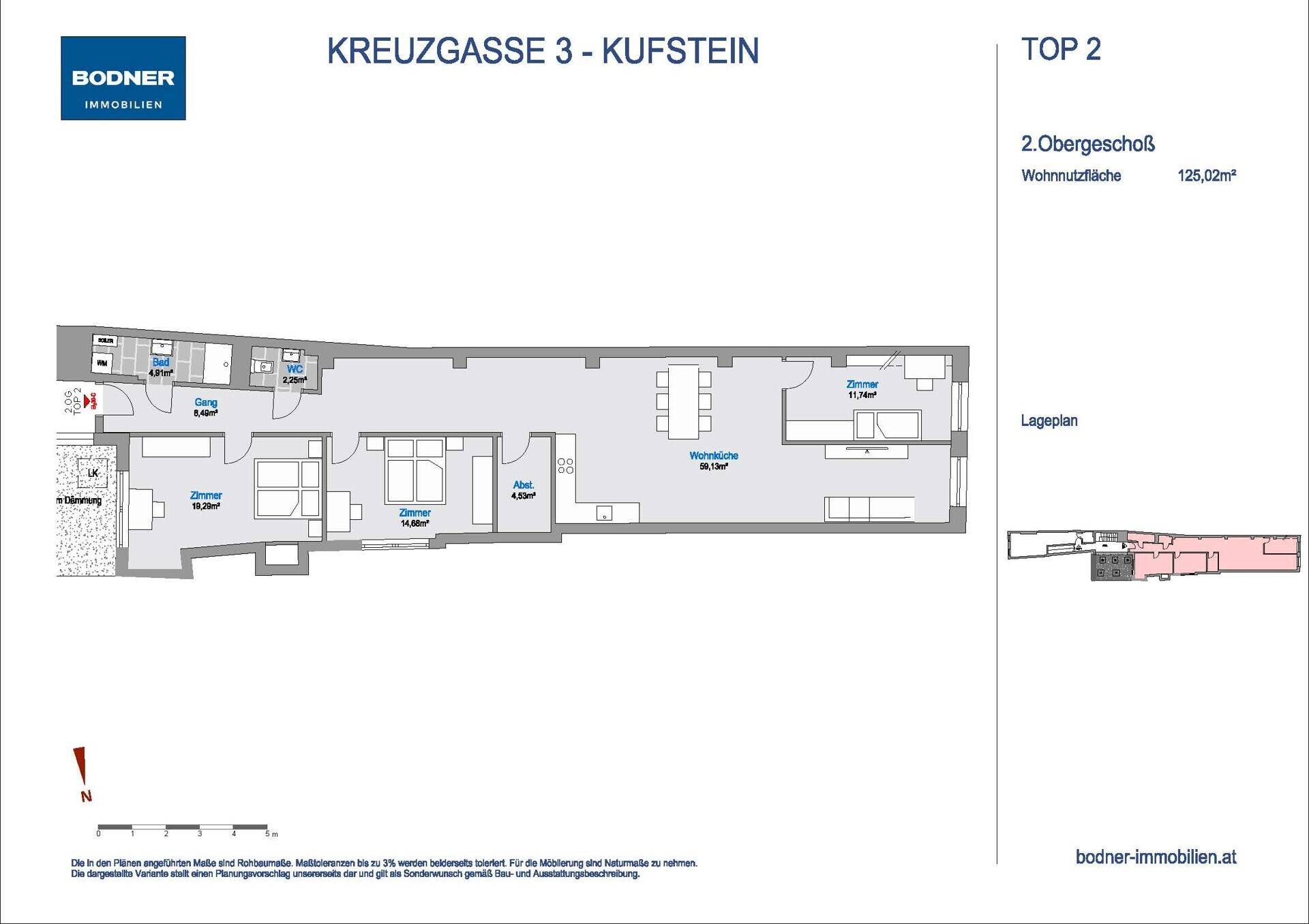Grundriss des 2. Obergeschosses mit 125,02m² Wohnnutzfläche, offenem Wohnbereich und Balkon.