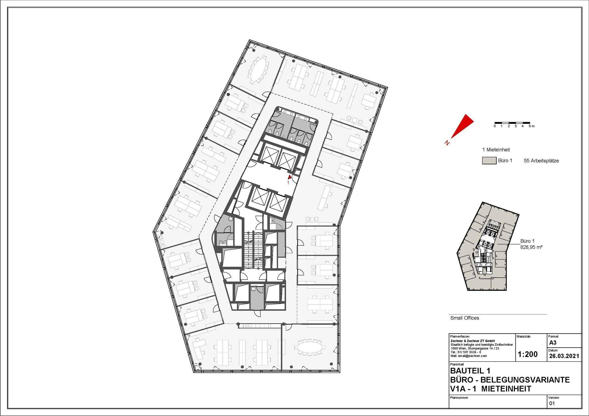 Grundriss für ein Bürogebäude, zeigt die Aufteilung in einzelne Büros und Gemeinschaftsbereiche auf einer Etage.