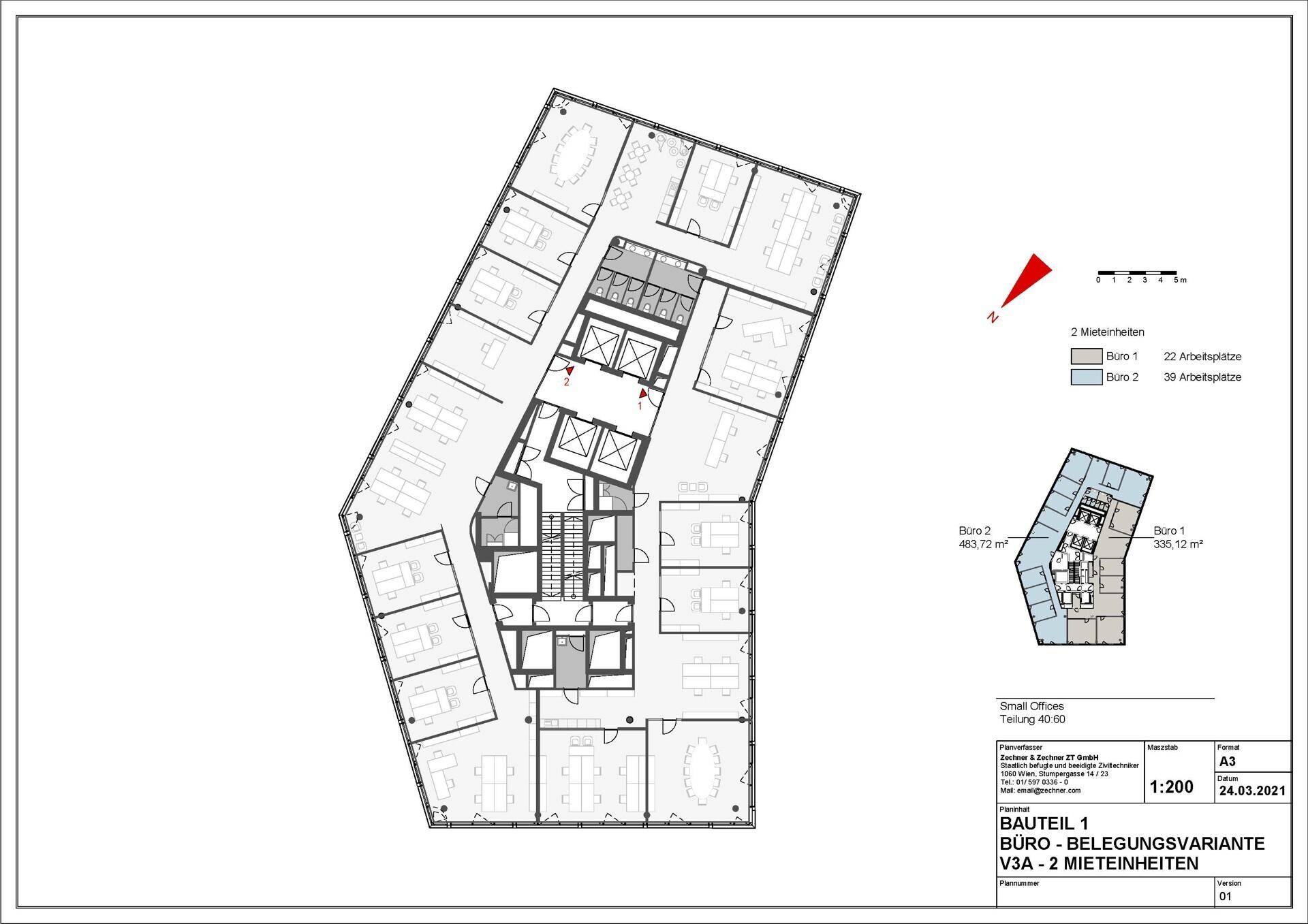 Grundriss für ein Bürogebäude, zeigt eine weitere Variante der Aufteilung einer Etage in zwei Büroeinheiten.