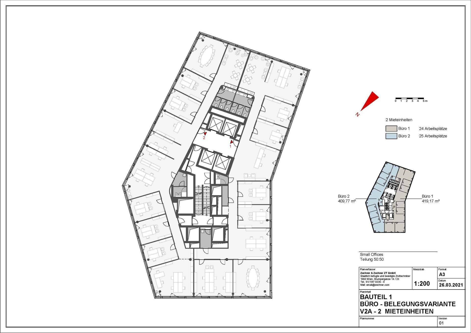 Grundriss für ein Bürogebäude, zeigt die flexible Aufteilung einer Etage in zwei separate Büroeinheiten.