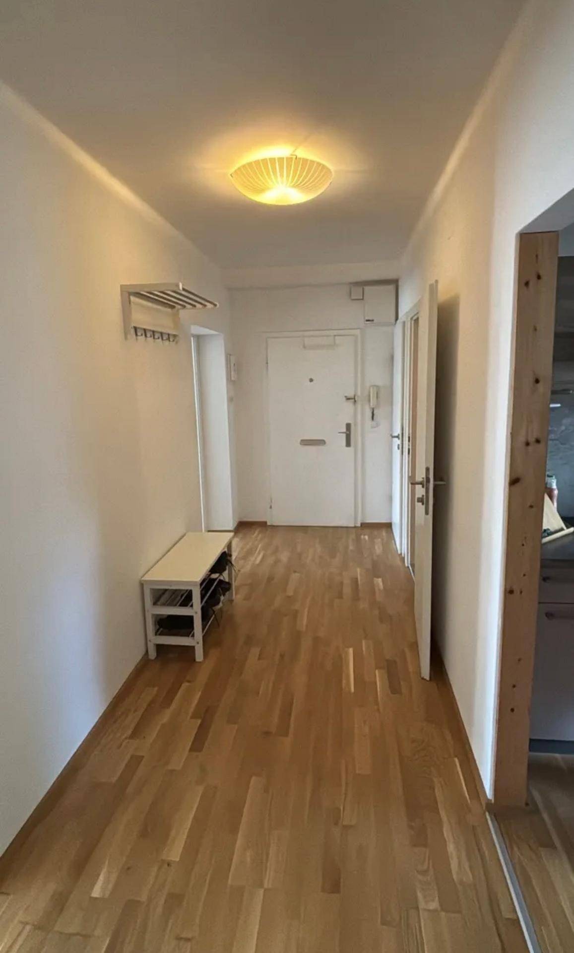 Heller Flur mit Holzboden und Garderobe, führt zum Eingangsbereich.