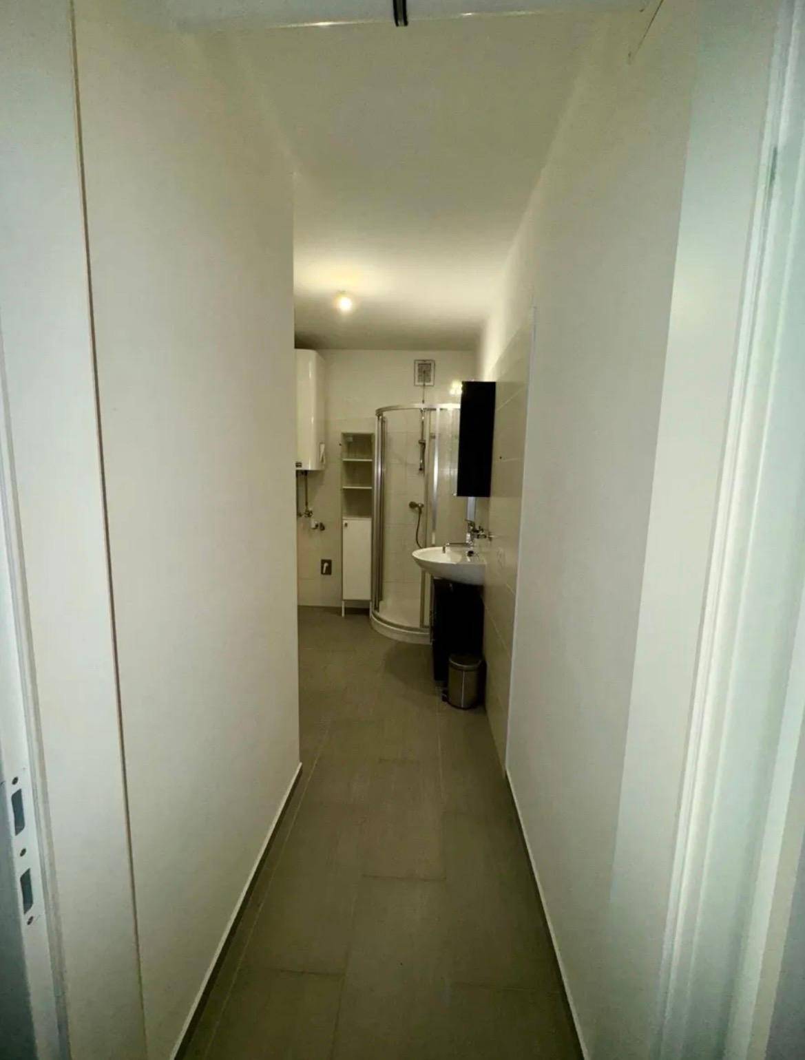 Schmaler Flur führt zu einem Badezimmer mit Dusche und Waschbecken.