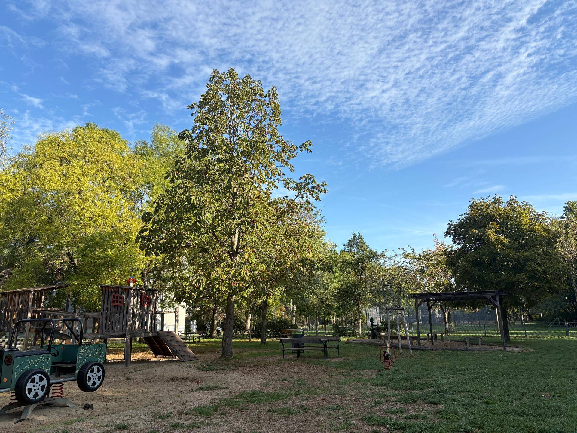 Sonniger Park mit vielfältigen Spielplatzgeräten, hohen Bäumen und weitläufigen Rasenflächen für Kinder.