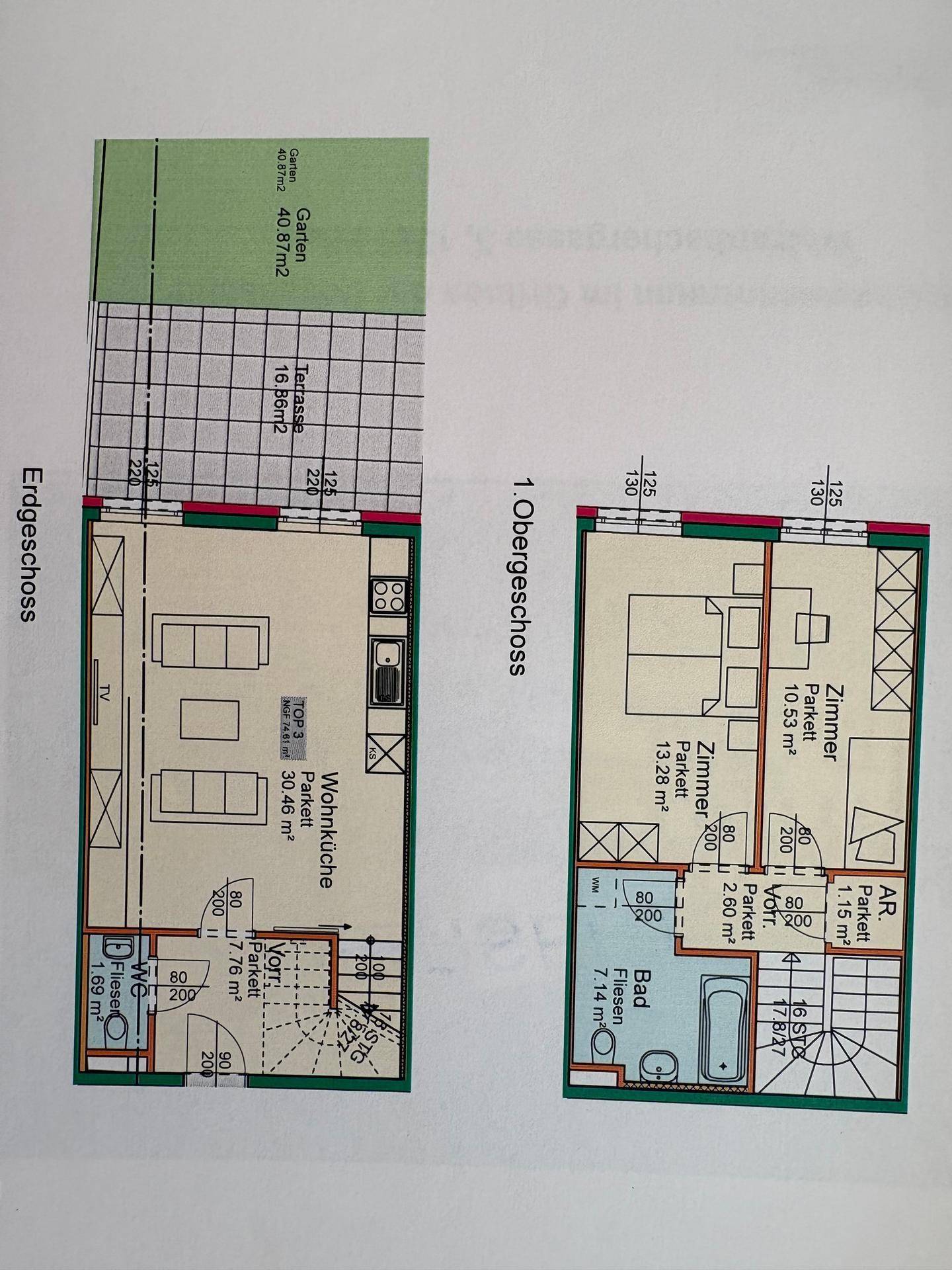 Grundriss einer Maisonette-Wohnung mit Erdgeschoss und erstem Obergeschoss, inklusive Garten und Terrasse.