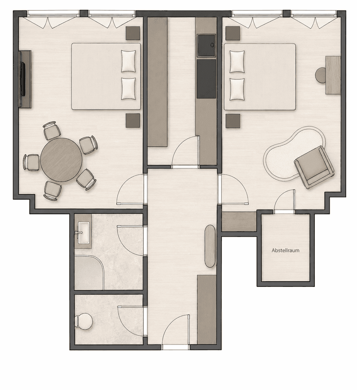 Detaillierter Grundriss einer Wohnung mit zwei Schlafzimmern, Wohnbereich und Abstellraum.