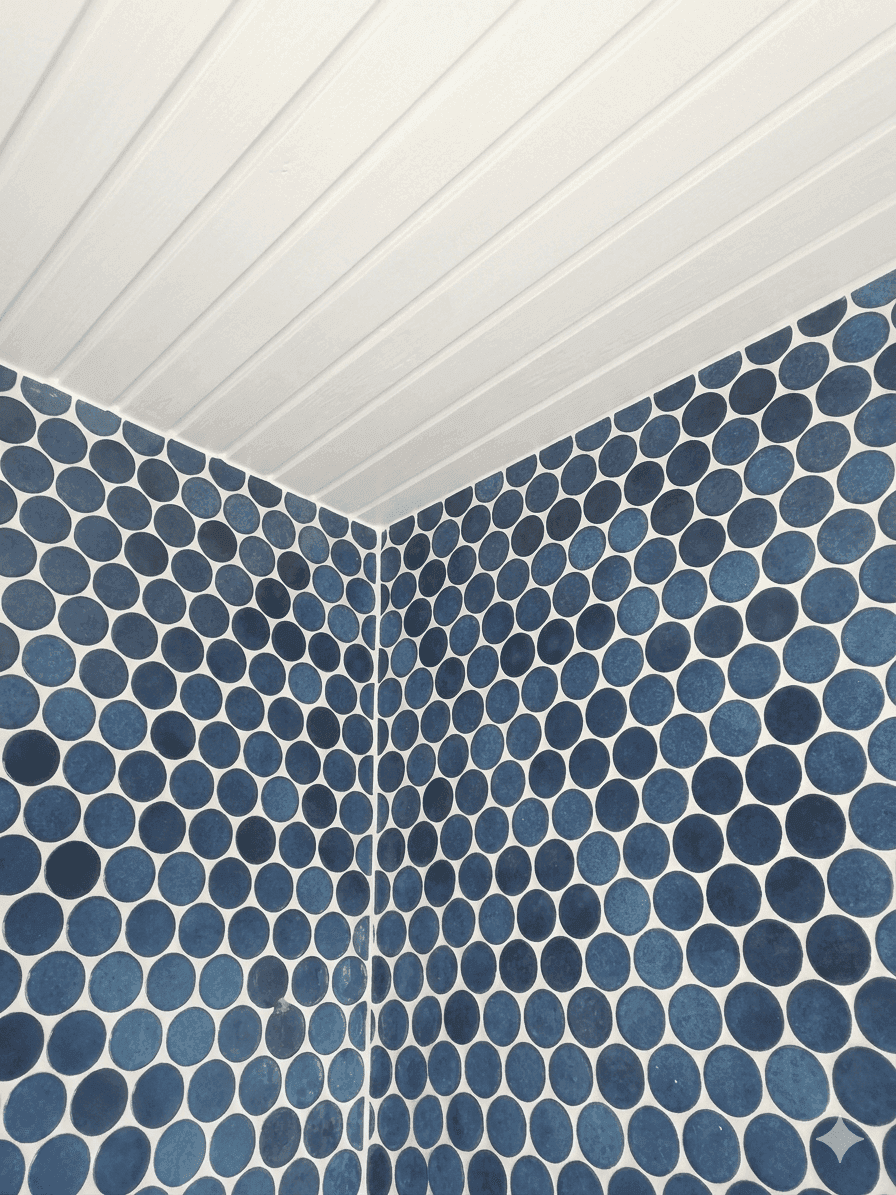 Ecke des Badezimmers mit blauen Mosaikfliesen und weißer Holzdeckenverkleidung, modern und sauber.