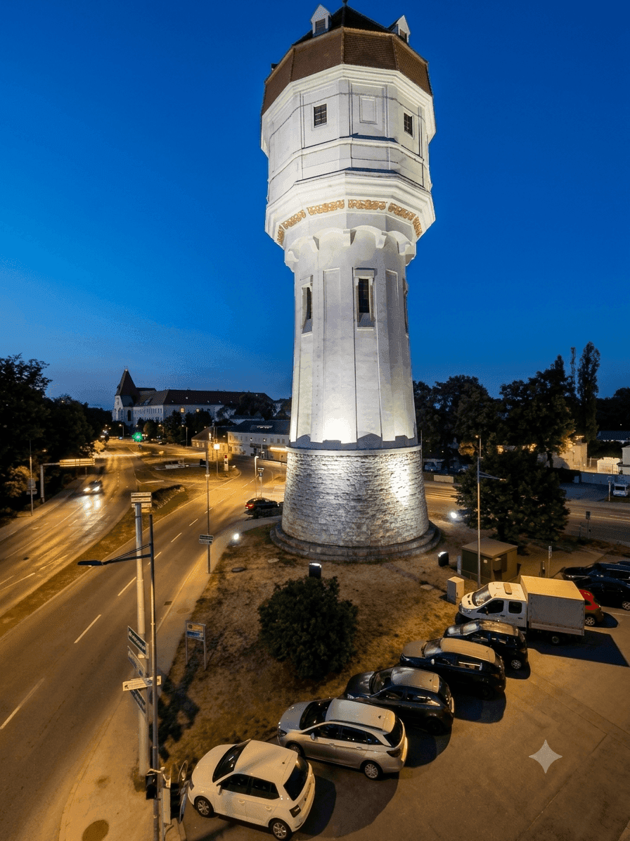 Nächtlicher Panoramablick auf die Stadt mit beleuchtetem Wasserturm und Straßenlichtern.