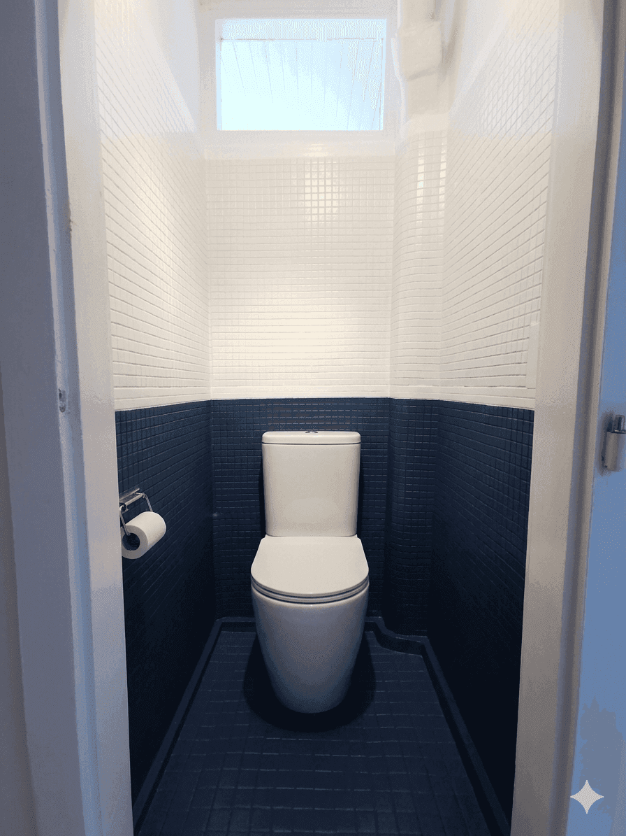 Modernes Gäste-WC mit blauen und weißen Fliesen sowie einem kleinen Oberlicht für Tageslicht.